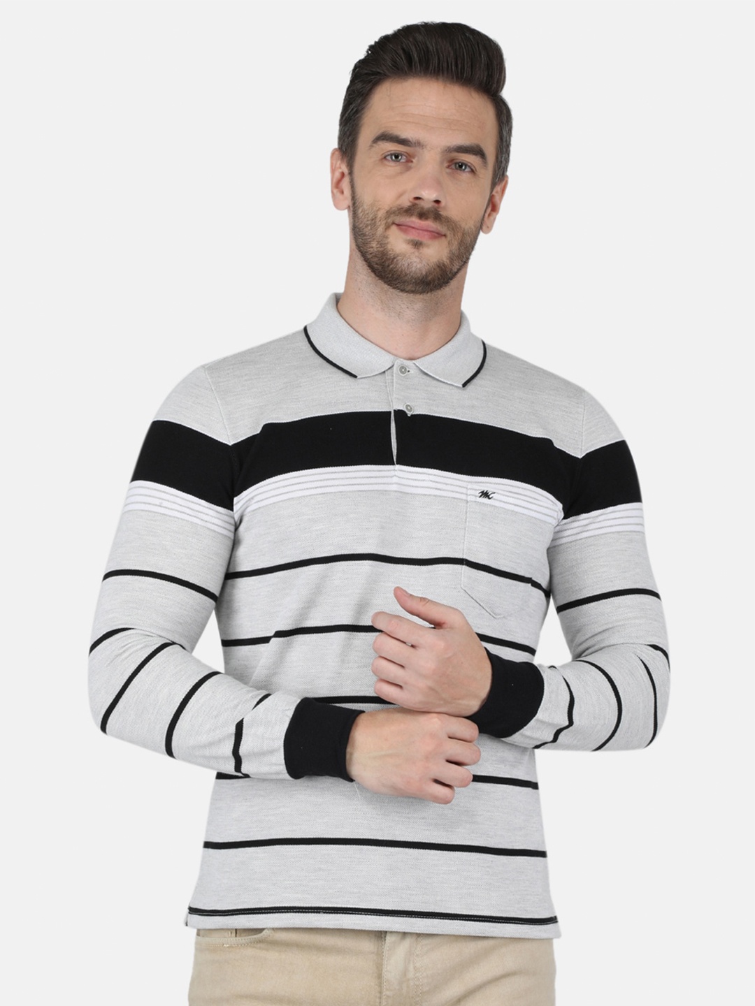 

Monte Carlo Men Grey Cotton Striped Polo Collar T-shirt