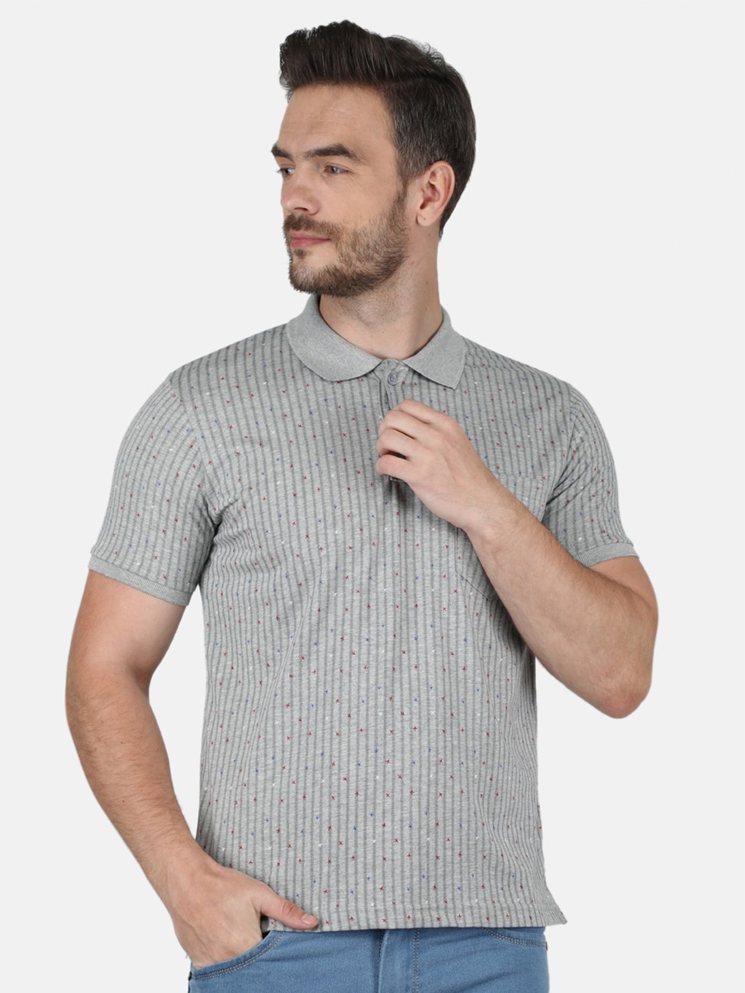 

Monte Carlo Men Grey Cotton Printed Polo Collar T-shirt