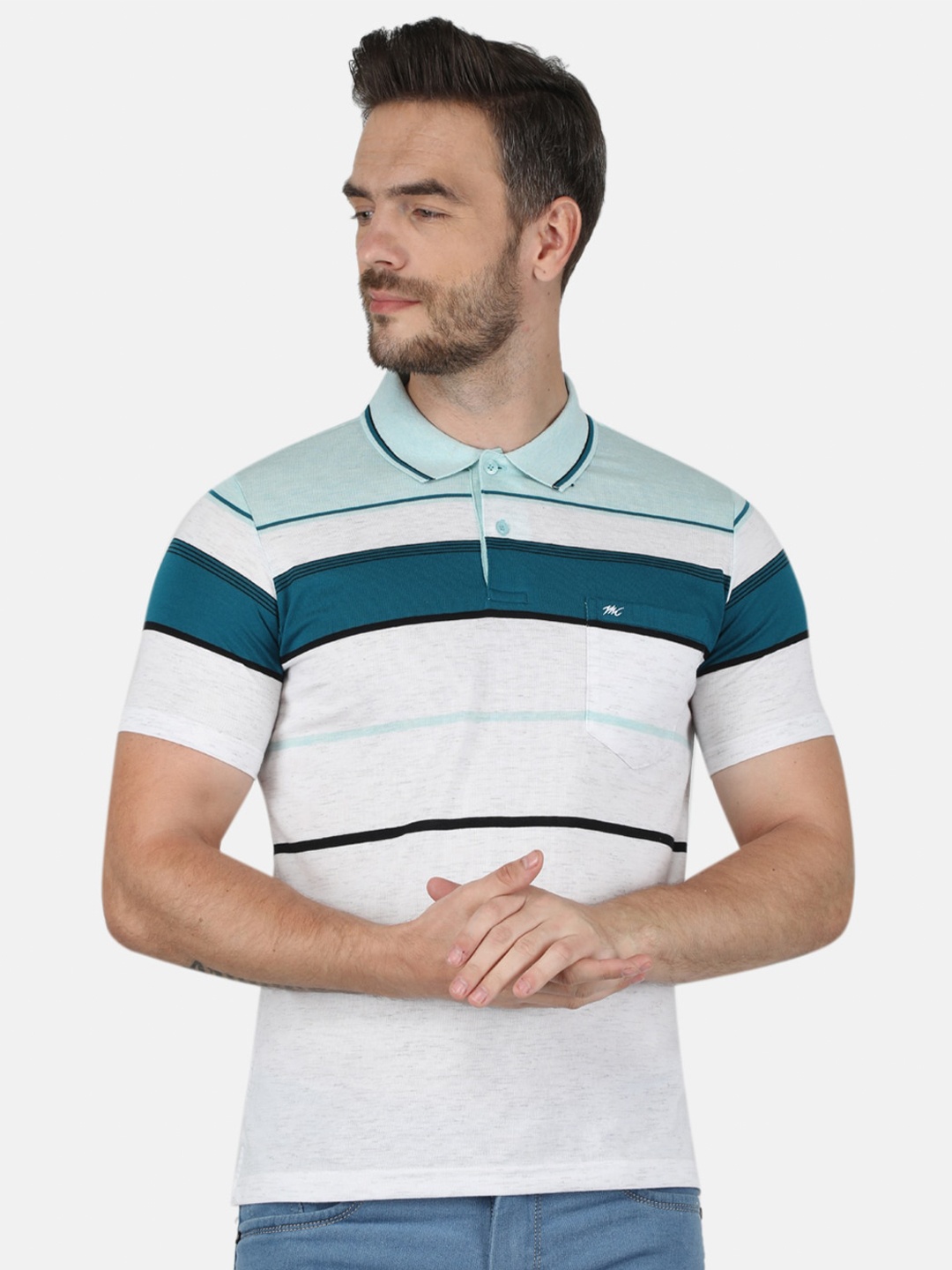 

Monte Carlo Men Blue Cotton Striped Polo Collar T-shirt