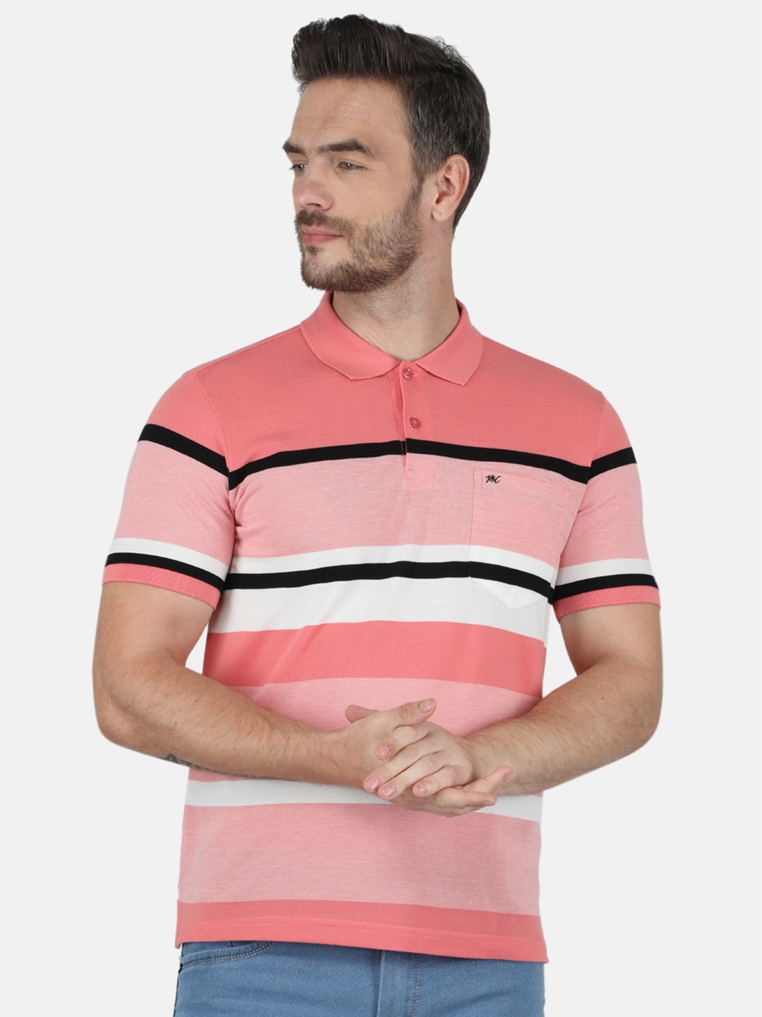 

Monte Carlo Men Pink Cotton Striped Polo Collar T-shirt
