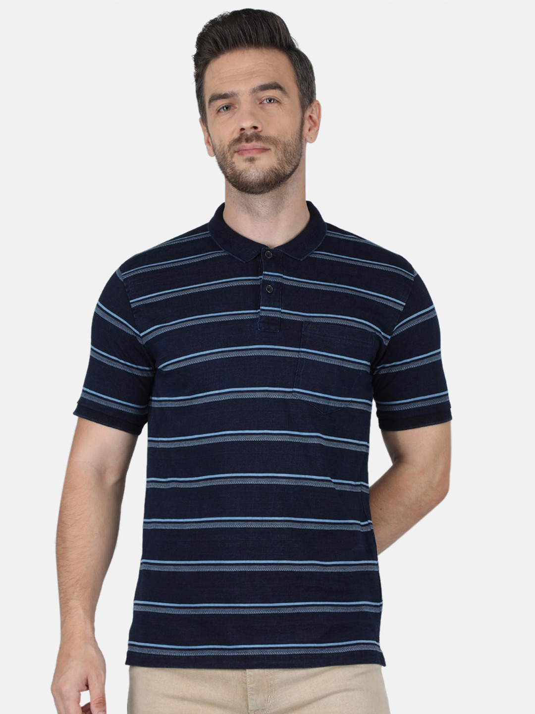 

Monte Carlo Men Blue Cotton Striped Polo Collar T-shirt