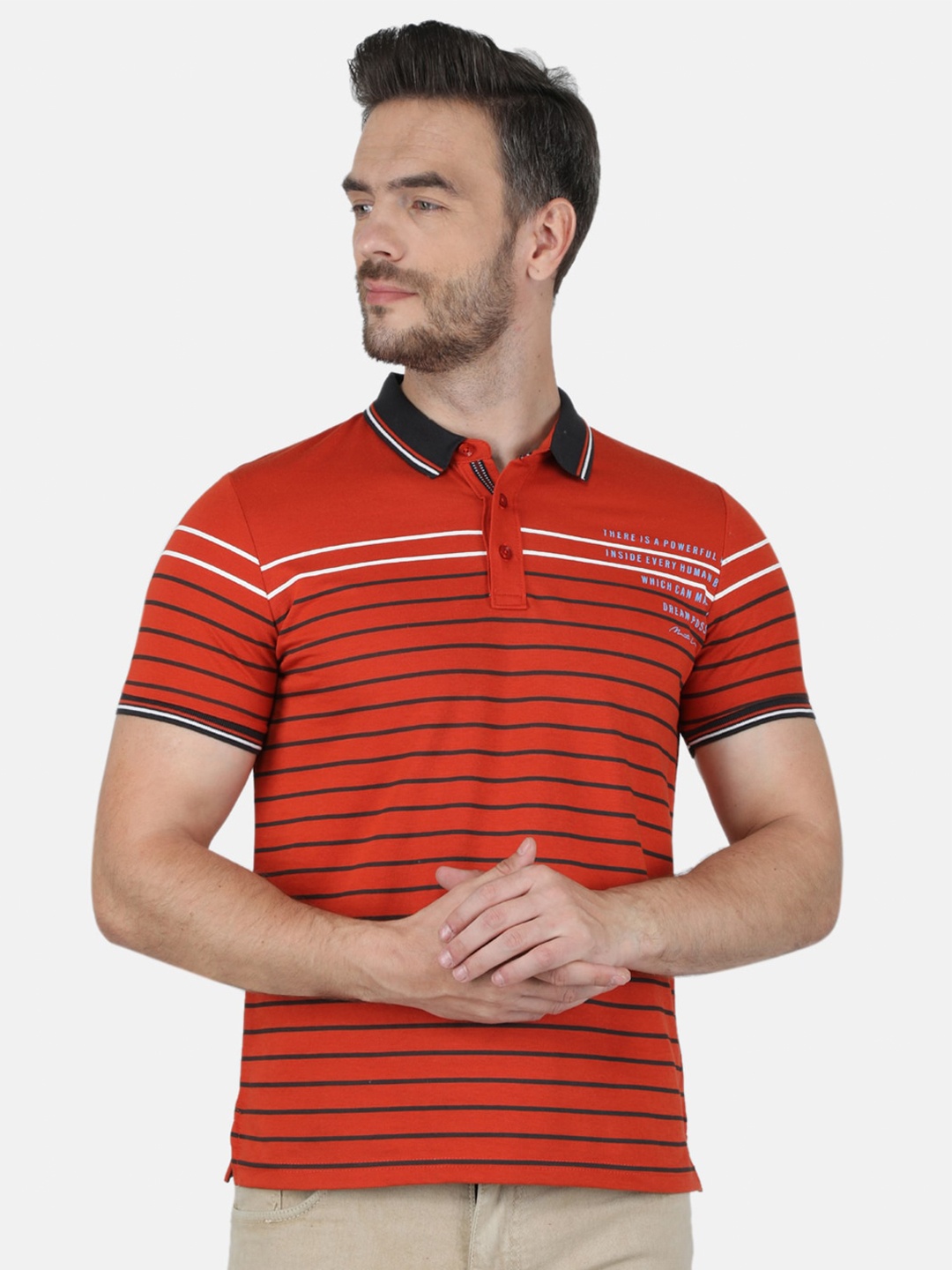 

Monte Carlo Men Rust Cotton Striped Polo Collar T-shirt