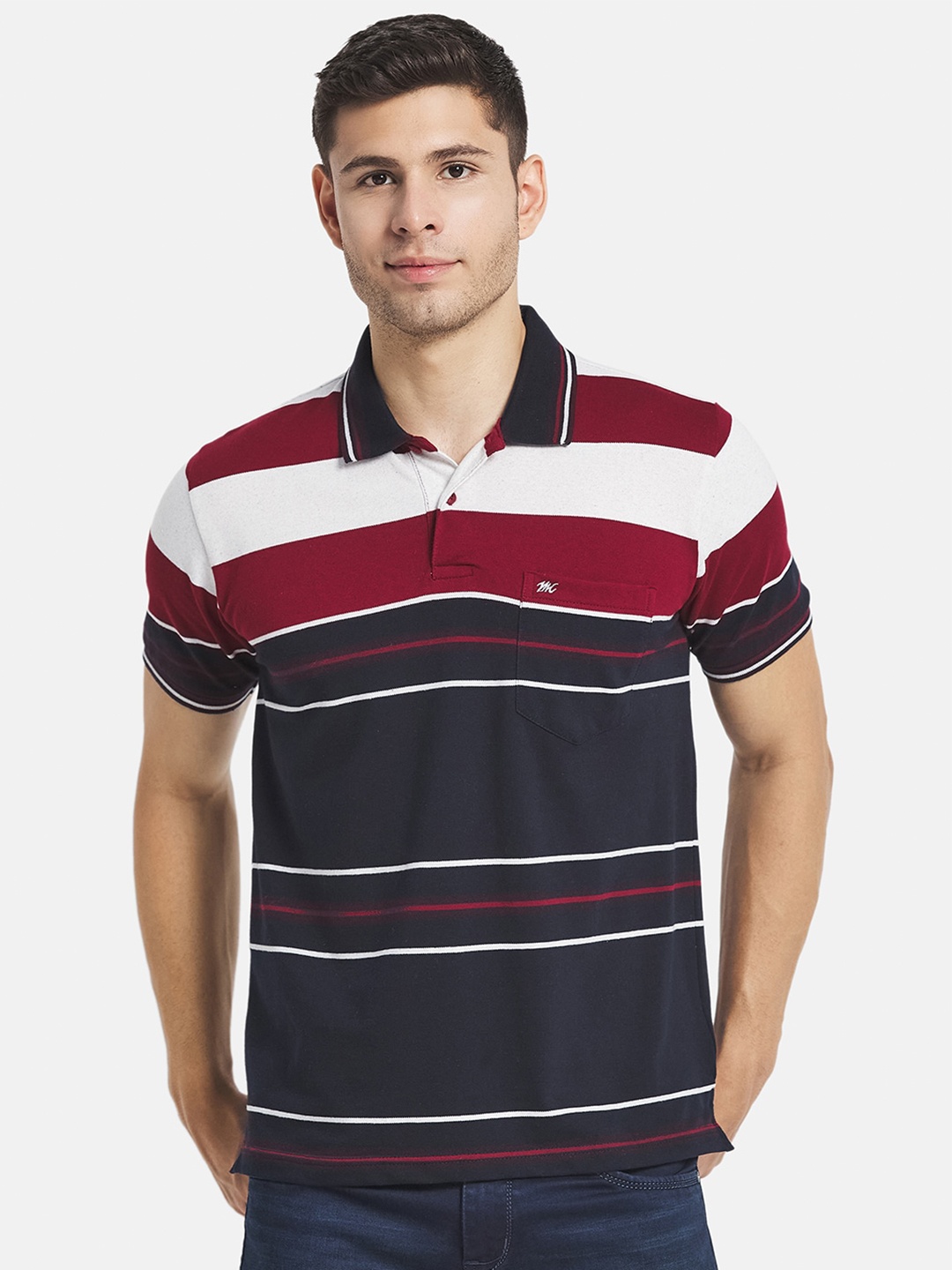 

Monte Carlo Men Navy Blue & Red Cotton Striped Polo Collar T-shirt