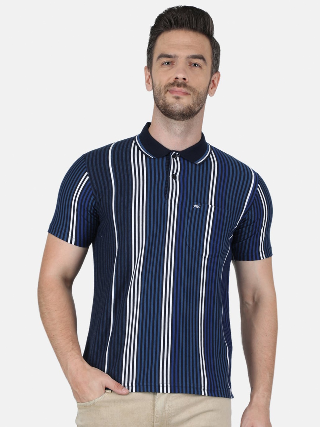 

Monte Carlo Men Navy Blue & White Striped Polo Collar Cotton T-shirt