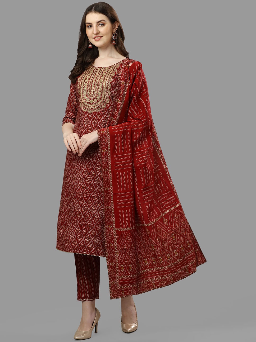 

Berrylicious Women Red Ethnic Motifs Embroidered Thread Work Chanderi Cotton Kurta Set