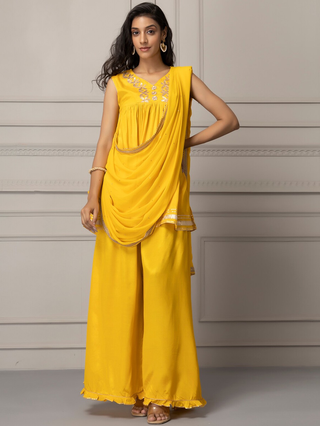 

Geroo Jaipur Women Handcrafted Gota Patti Fusion Dress, Yellow