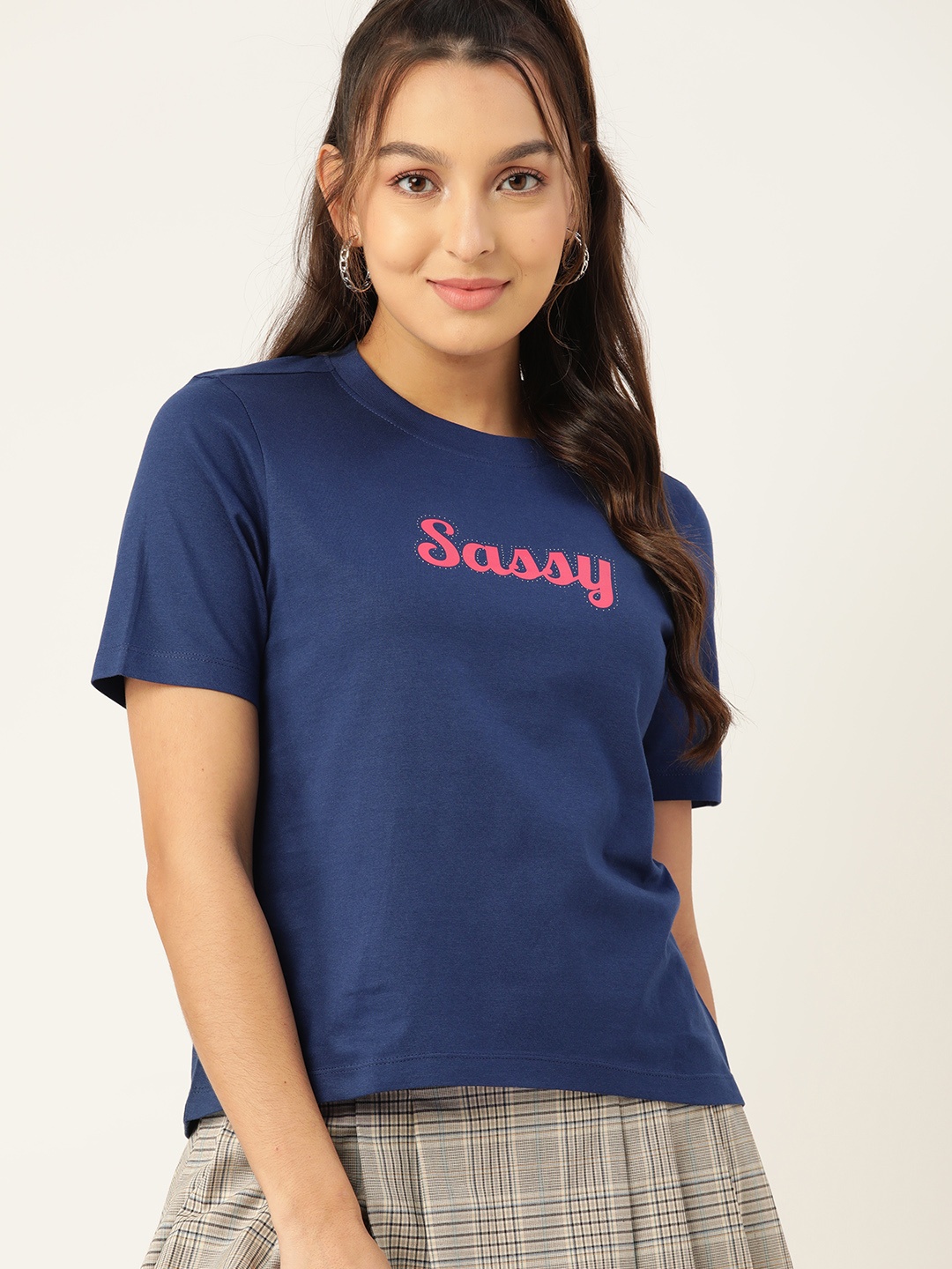 

DressBerry Women Typography Printed Cotton T-shirt, Navy blue