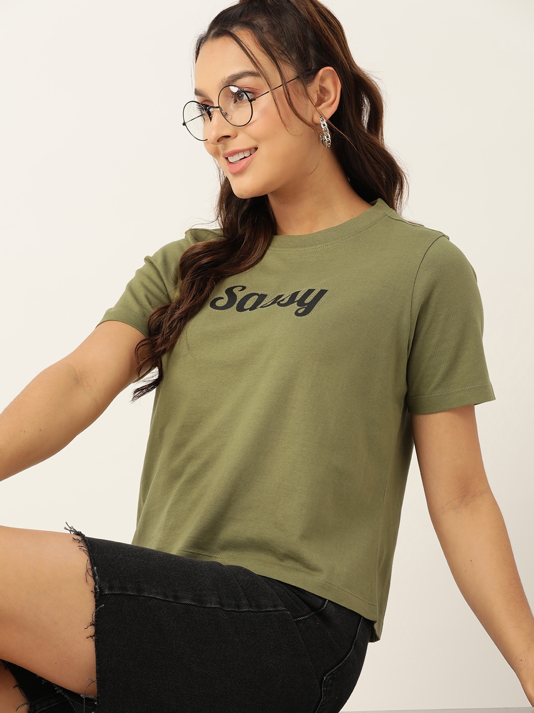 

DressBerry Women Typography Printed Cotton T-shirt, Olive