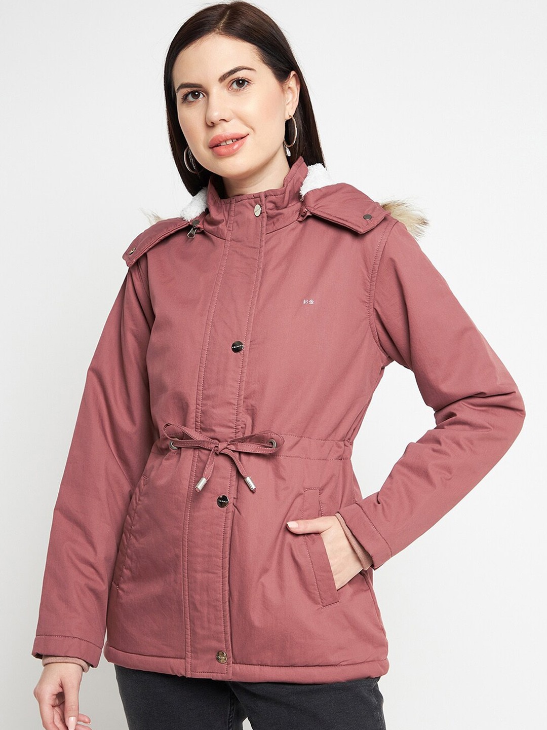 

Okane Women Pink Faux Fur Trim Longline Parka Jacket
