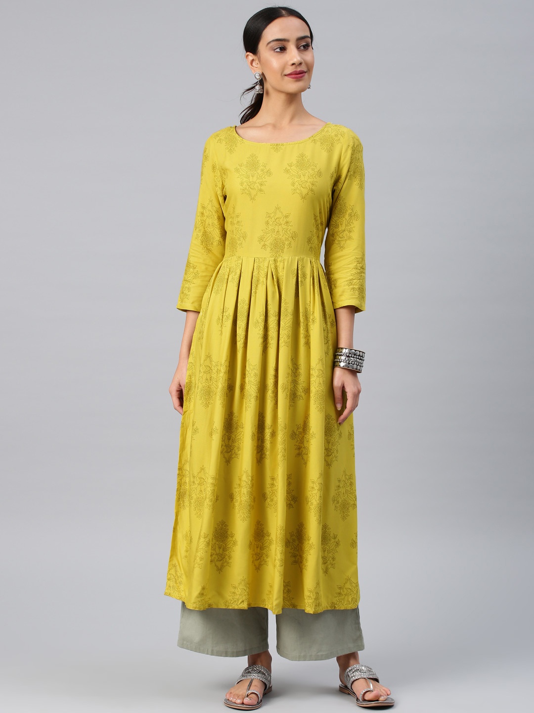 

Vishudh Women Lime Green Printed A-Line Kurta