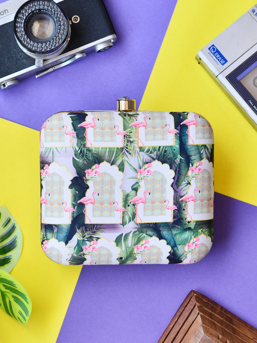 

ARTKLIM Green & Pink Printed Box Clutch