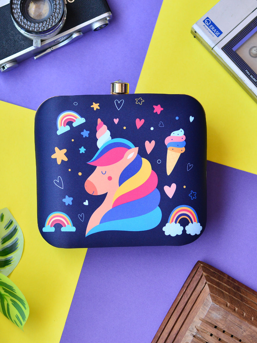 

ARTKLIM Blue & Pink Unicorn Printed Box Clutch