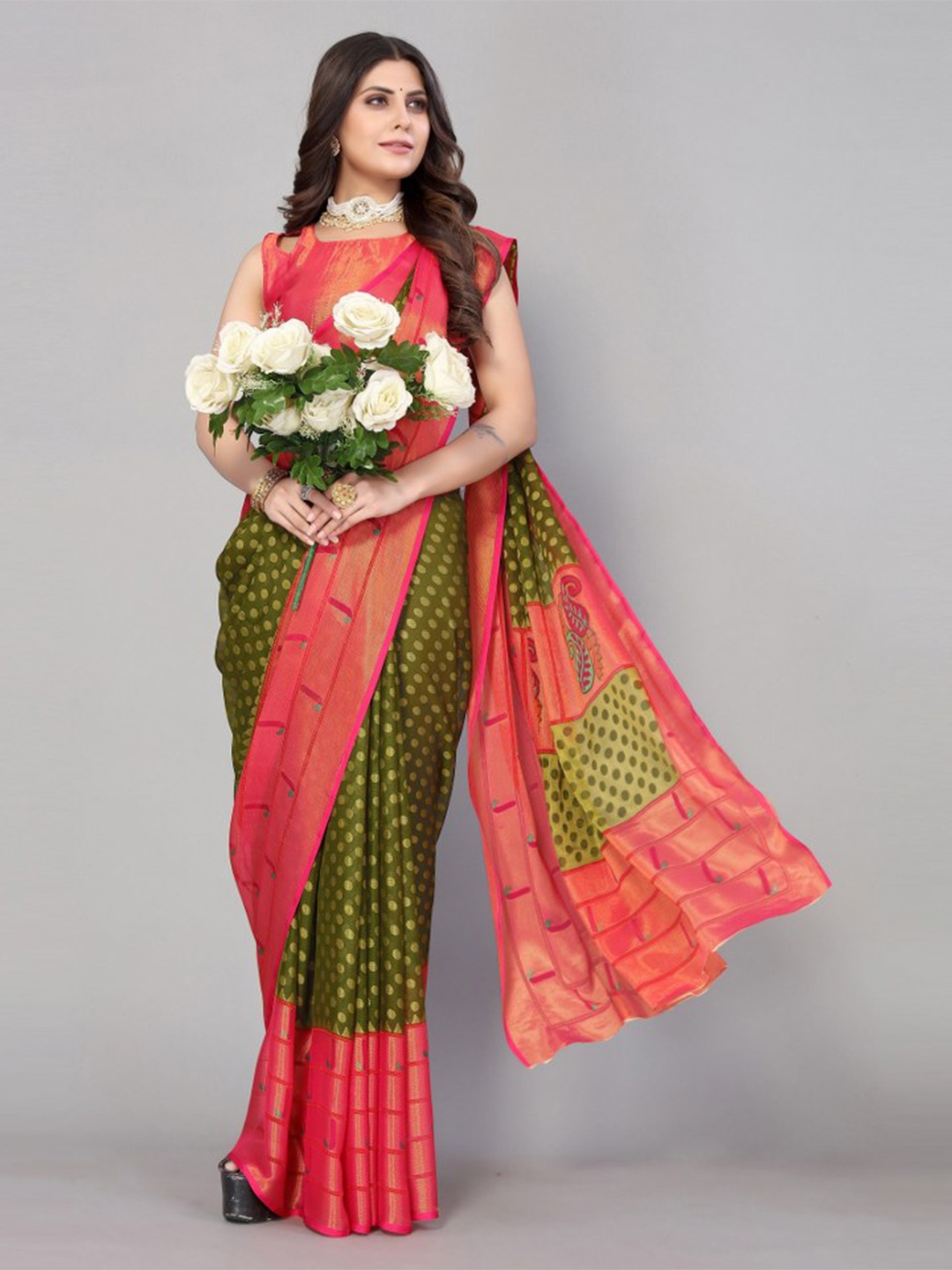 

KALINI Green & Pink Ethnic Motifs Zari Saree