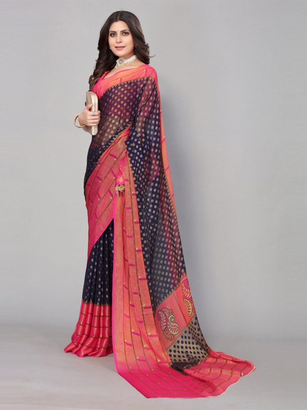 

KALINI Navy Blue & Pink Ethnic Motifs Zari Saree