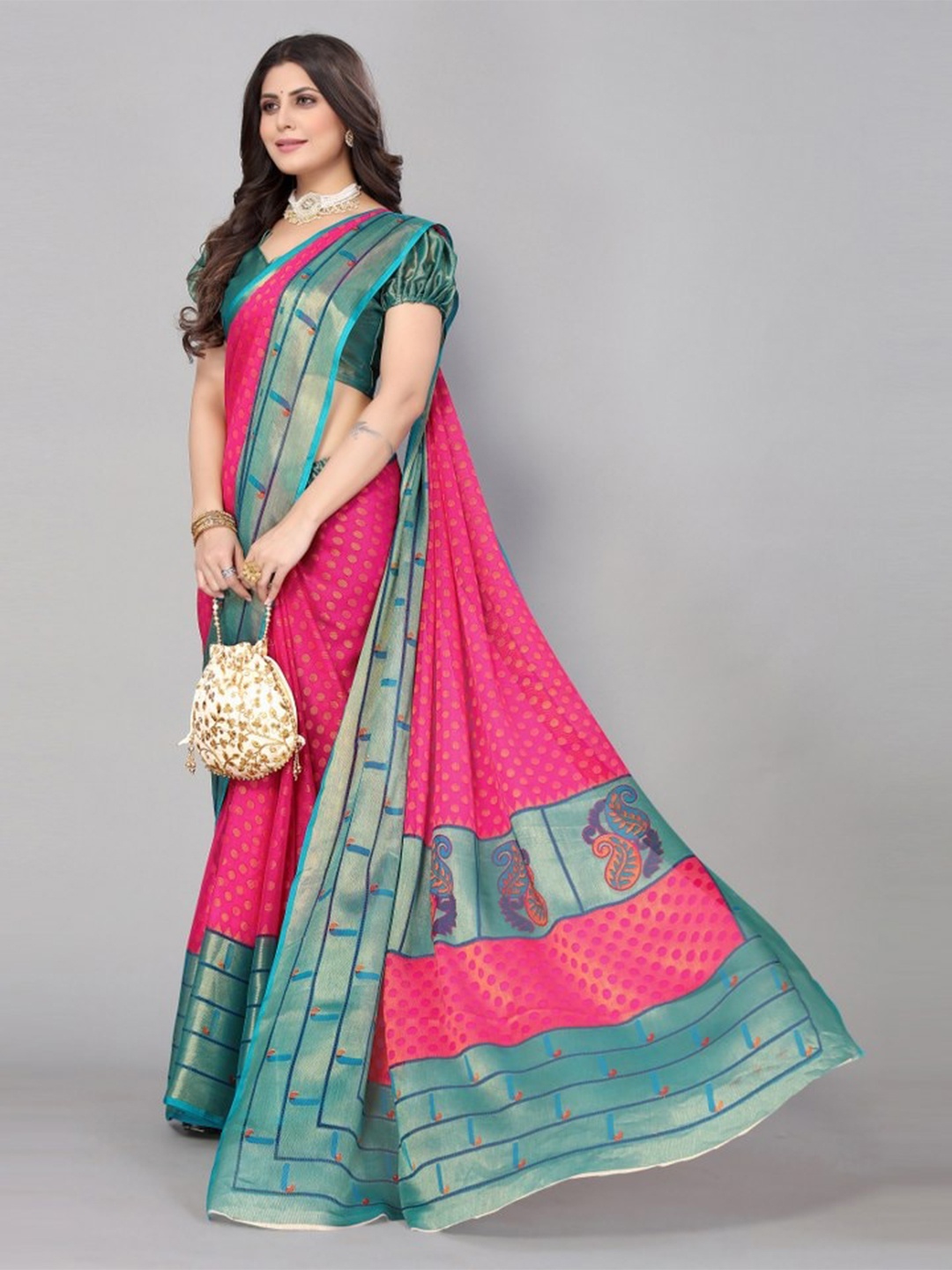 

KALINI Pink & Blue Ethnic Motifs Saree