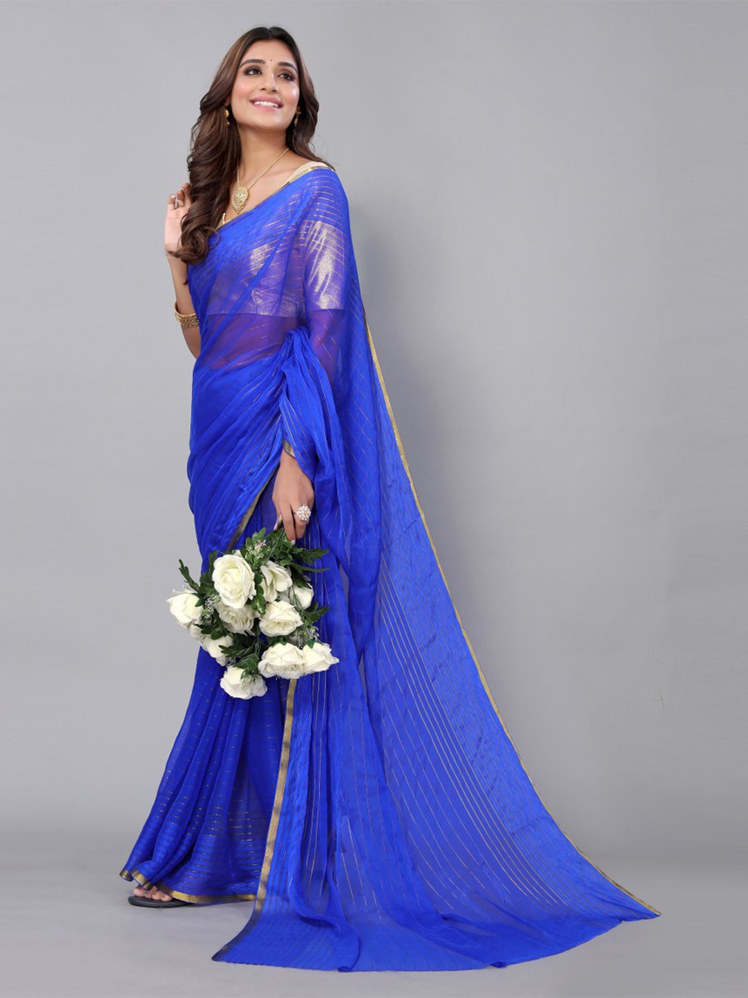 

KALINI Blue & Gold-Toned Striped Zari Saree