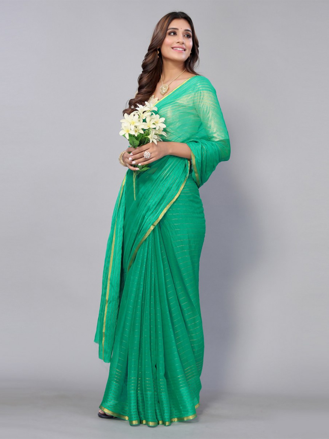 

KALINI Green & Gold-Toned Striped Zari Saree