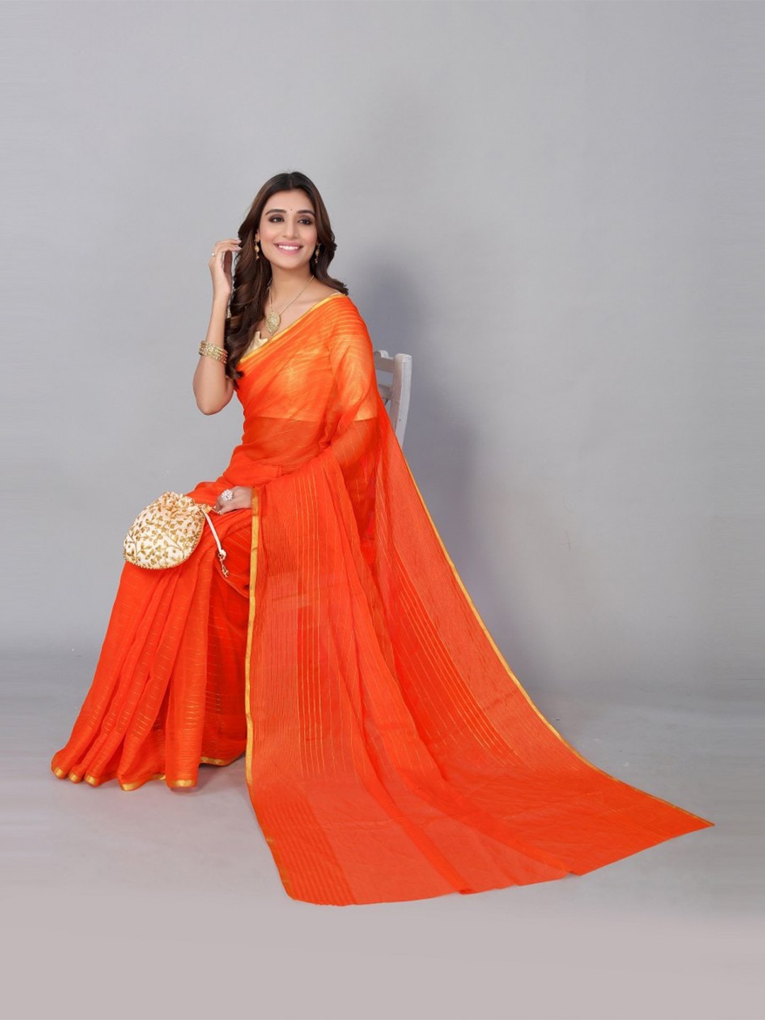 

KALINI Orange & Gold-Toned Striped Zari Saree
