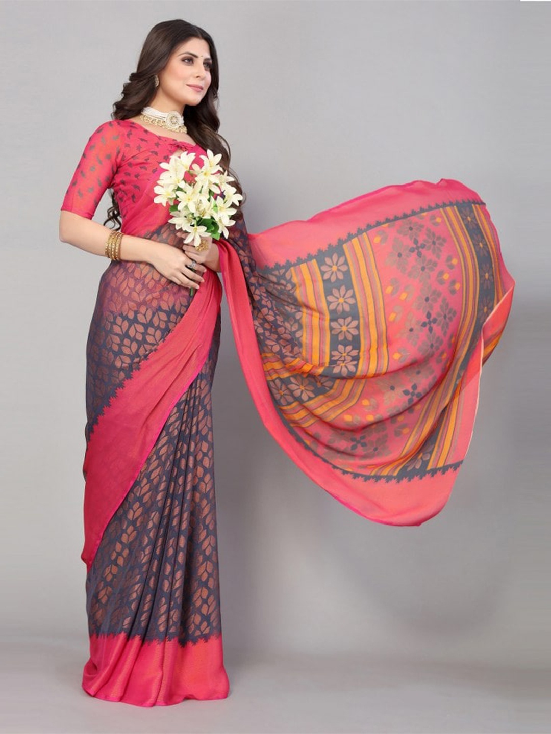 

KALINI Grey & Pink Ethnic Motifs Saree