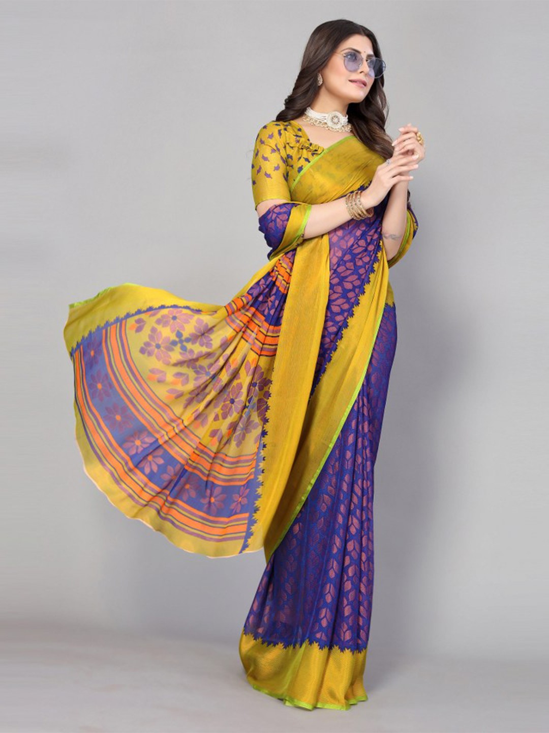 

KALINI Blue & Mustard Ethnic Motifs Saree