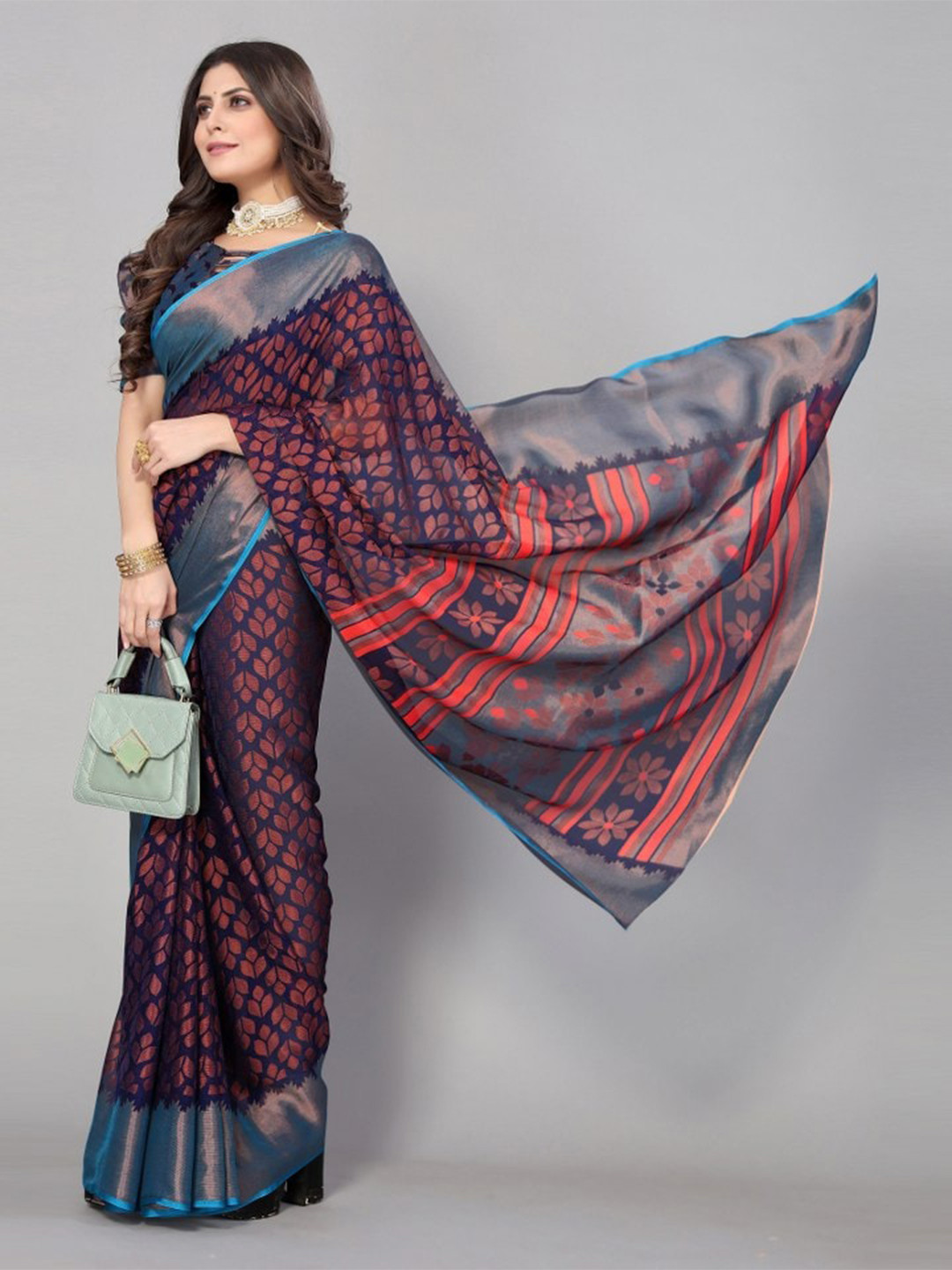 

KALINI Navy Blue & Red Ethnic Motifs Saree