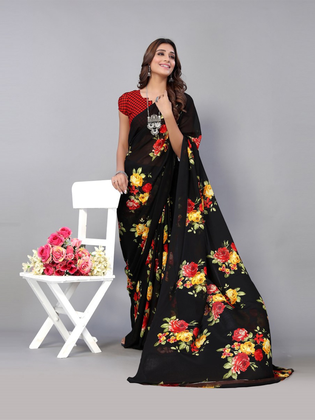 

KALINI Black & Yellow Floral Saree