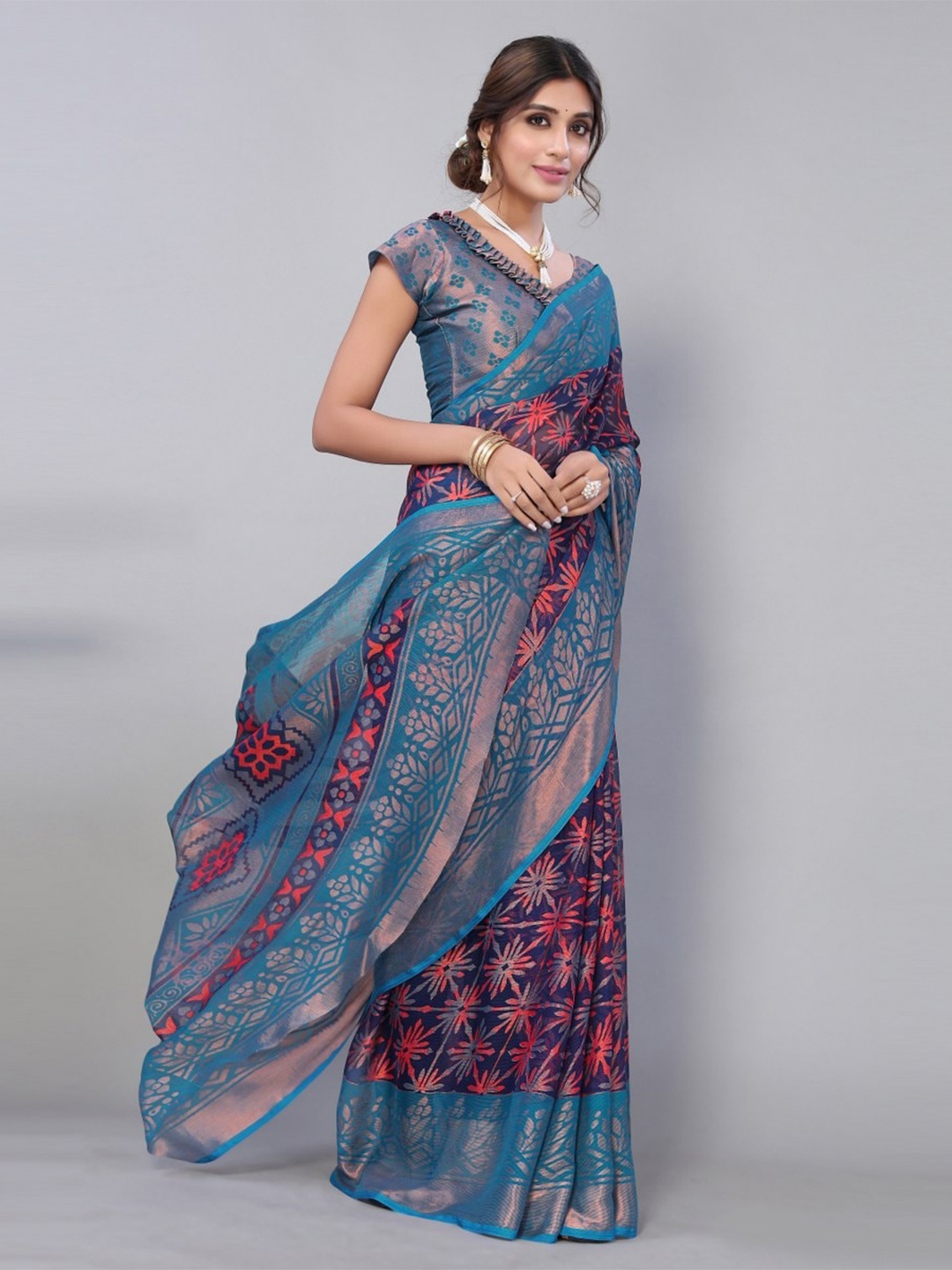 

KALINI Blue & Pink Floral Saree