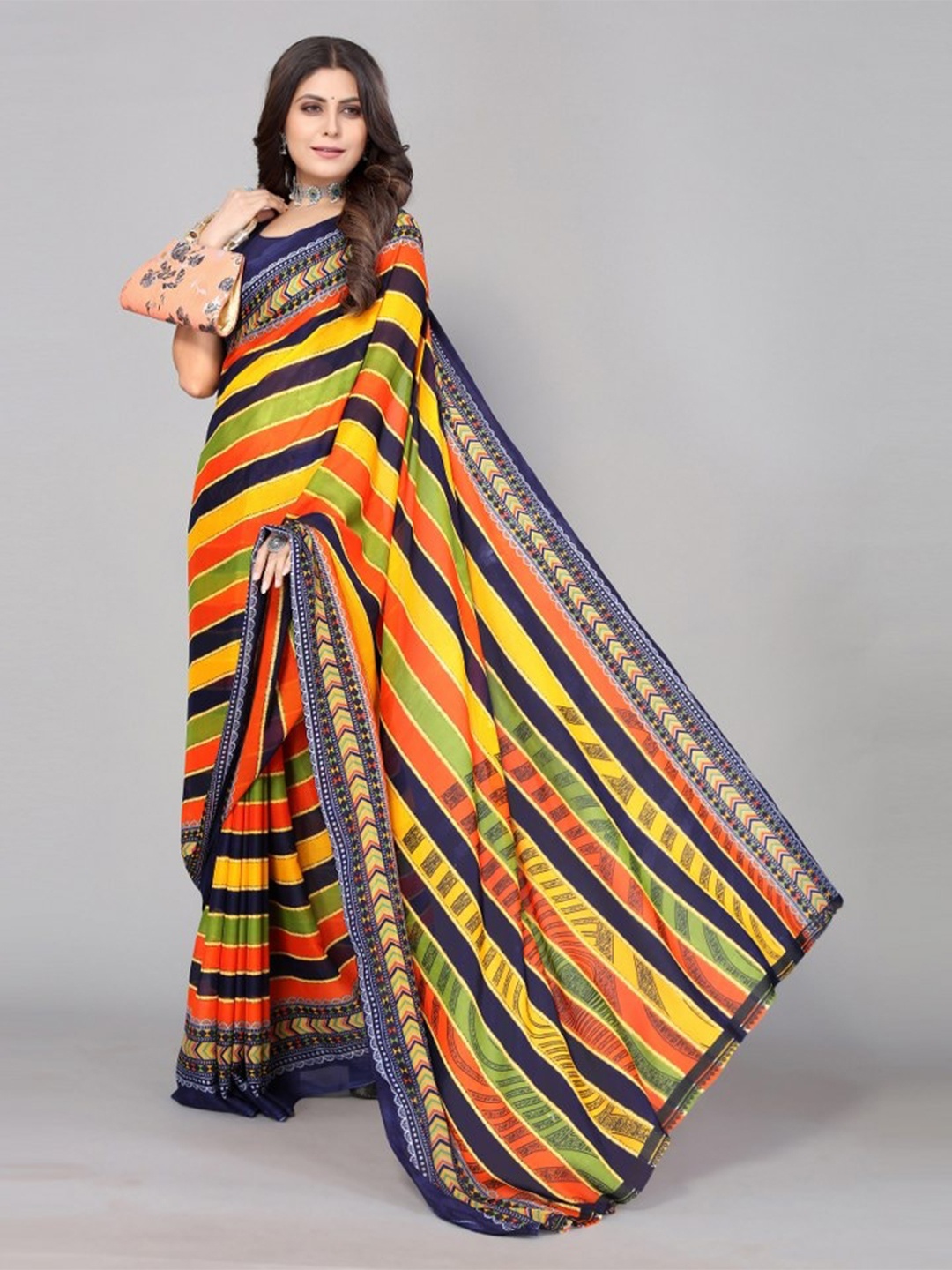 

KALINI Orange & Red Striped Saree