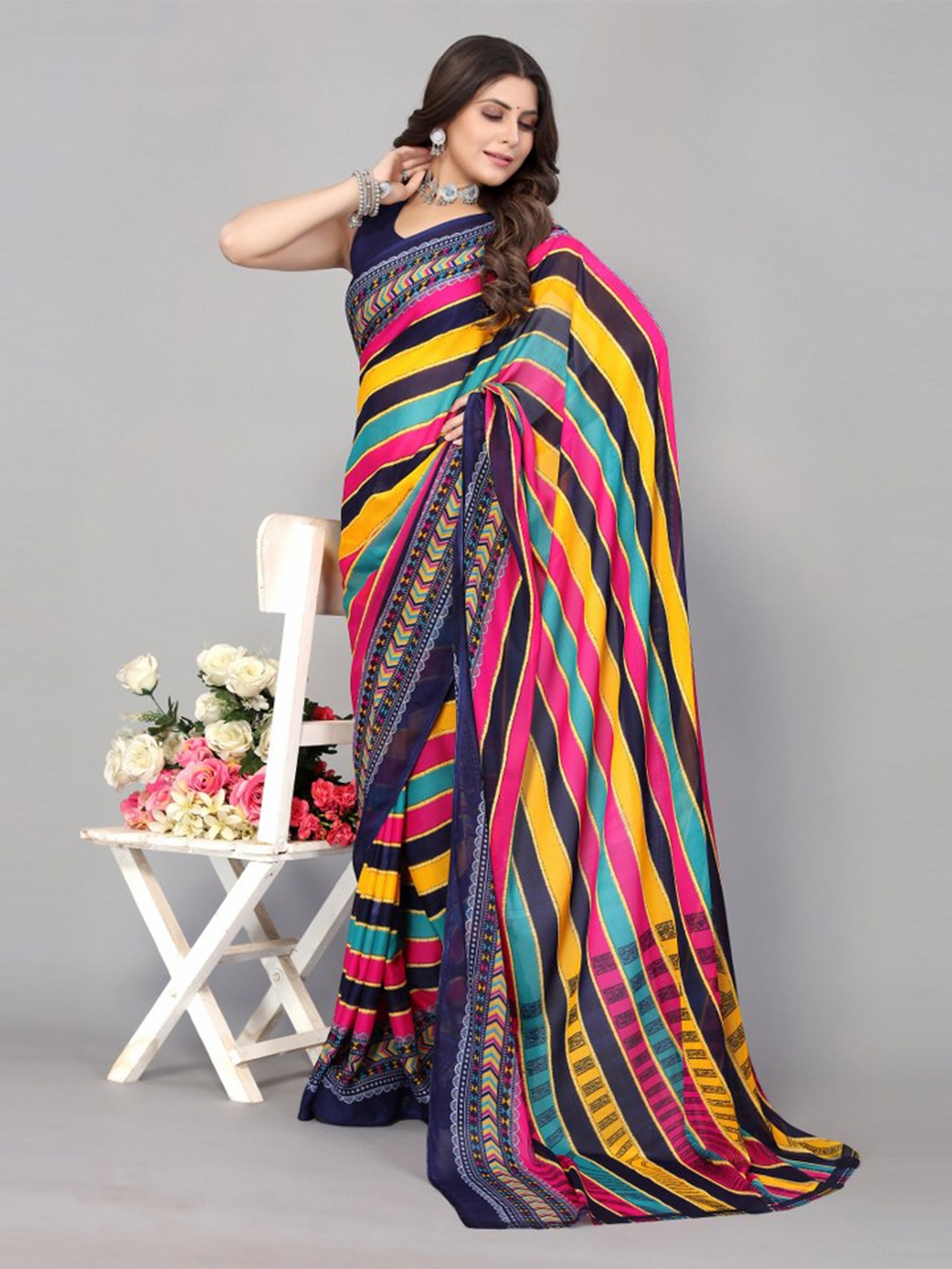 

KALINI Navy Blue & Pink Striped Saree