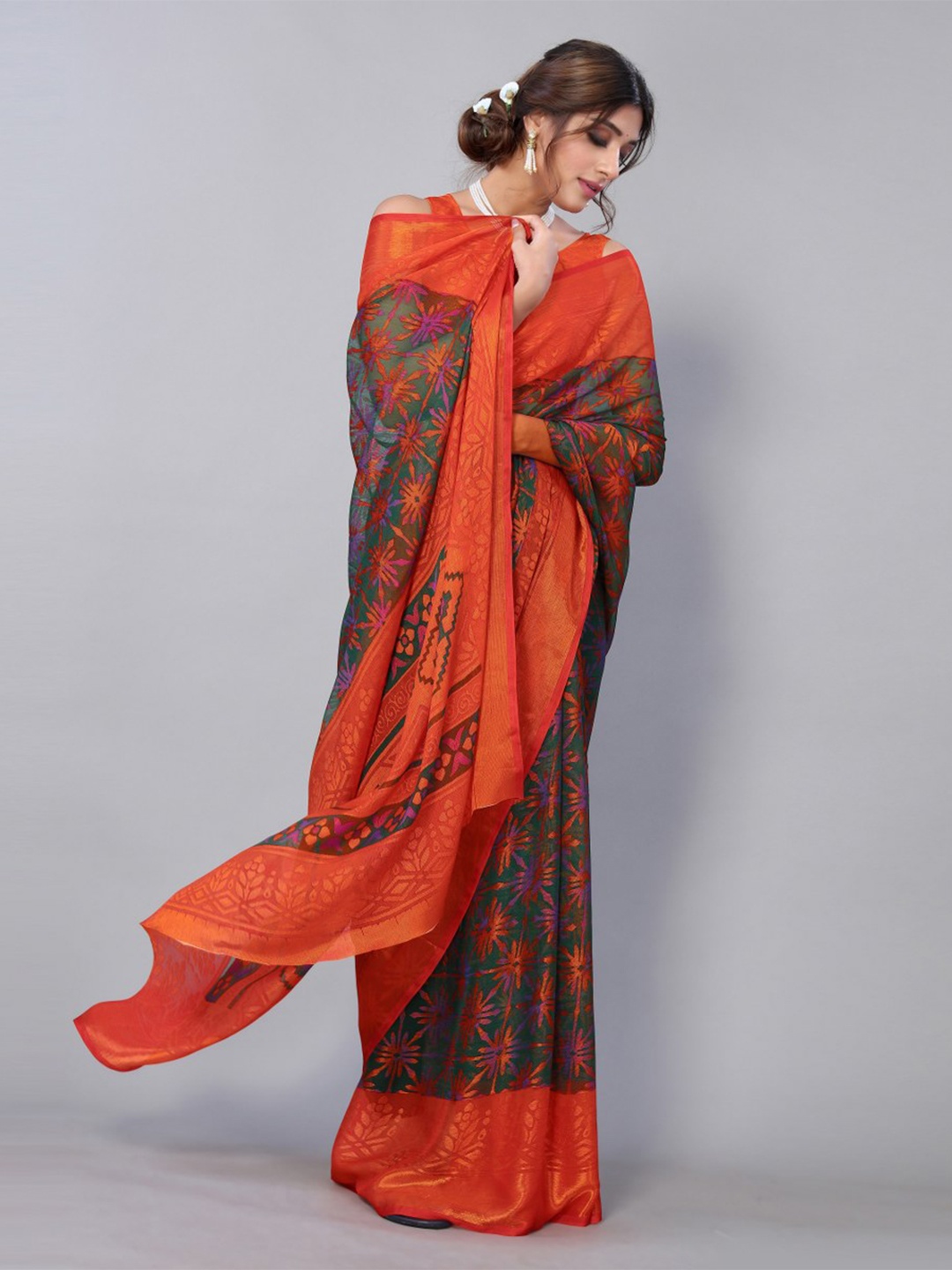 

KALINI Green & Orange Floral Zari Saree