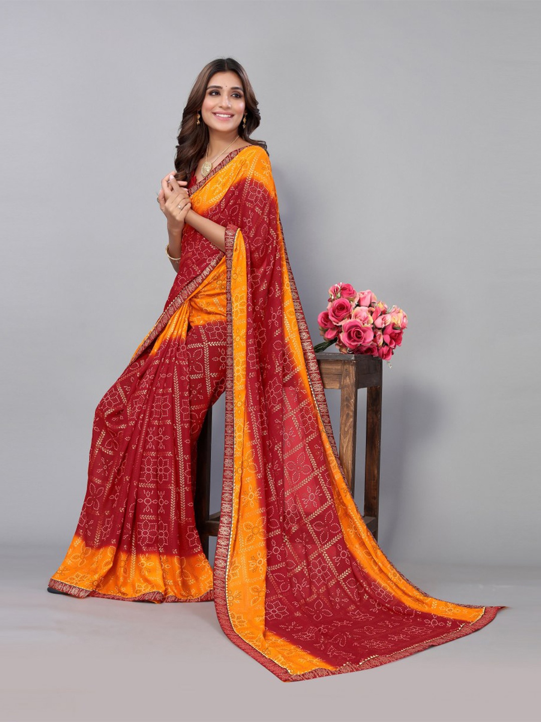 

KALINI Red & Yellow Bandhani Saree