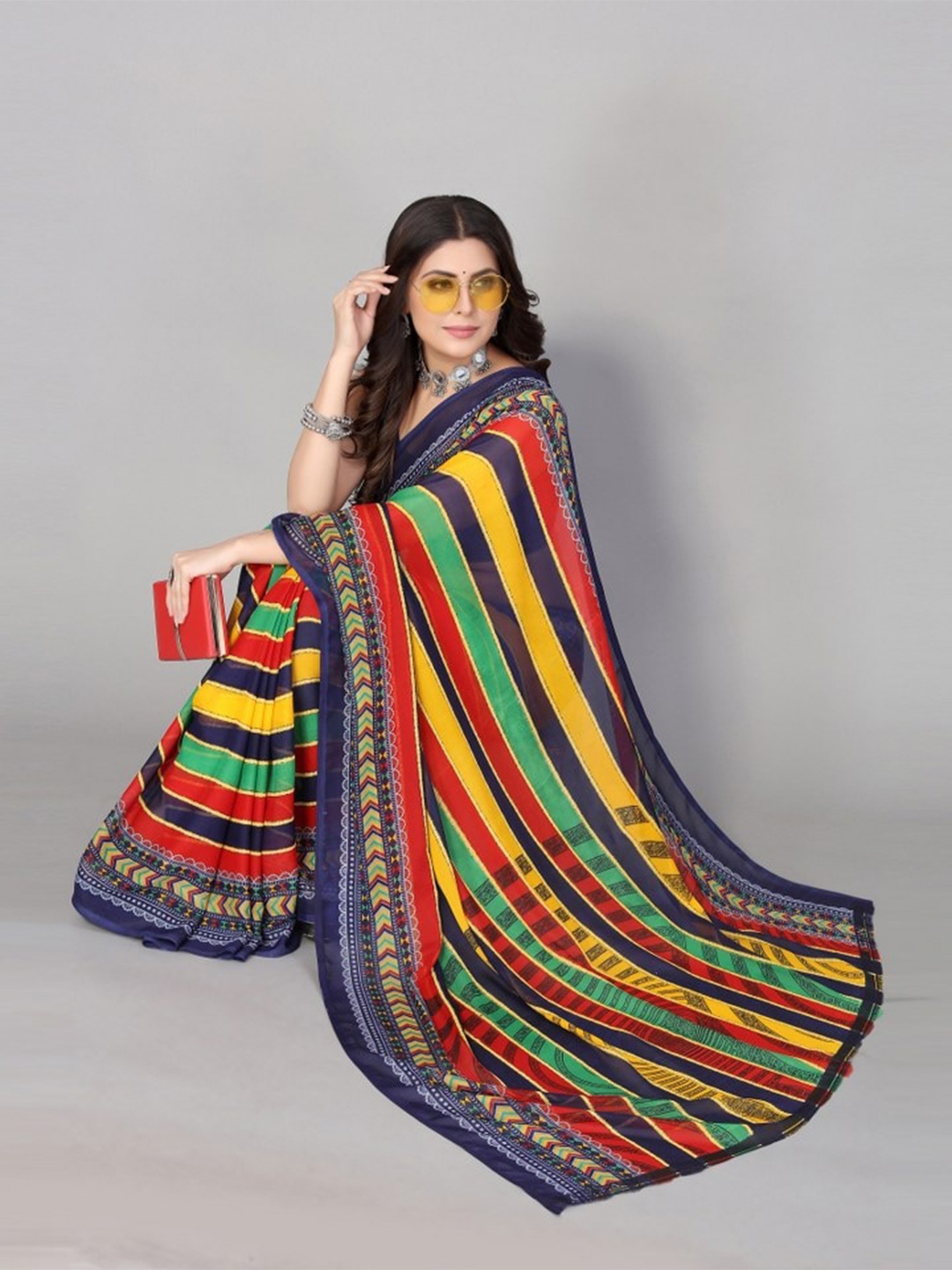 

KALINI Red & Blue Striped Saree