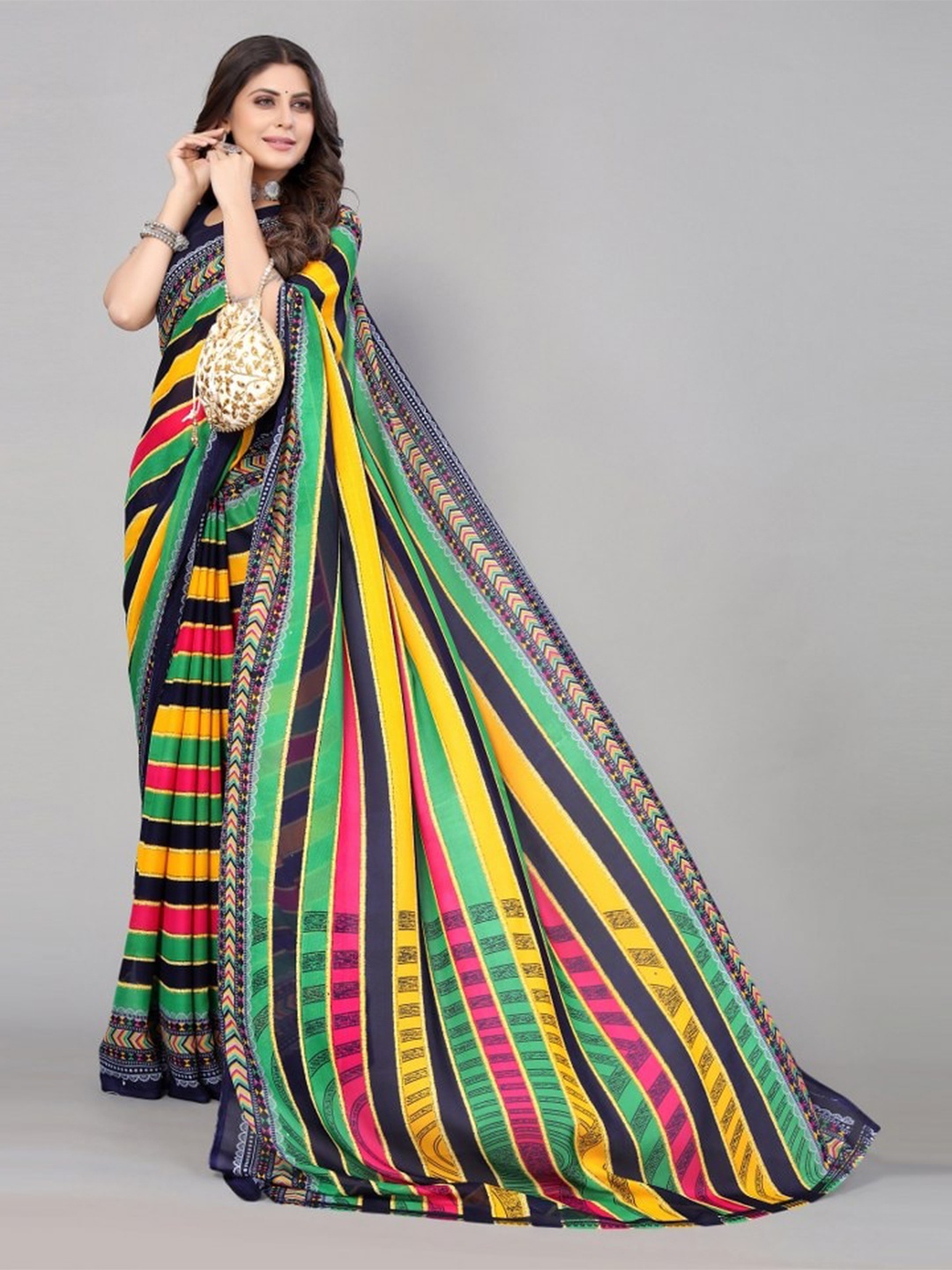 

KALINI Black & Green Striped Saree