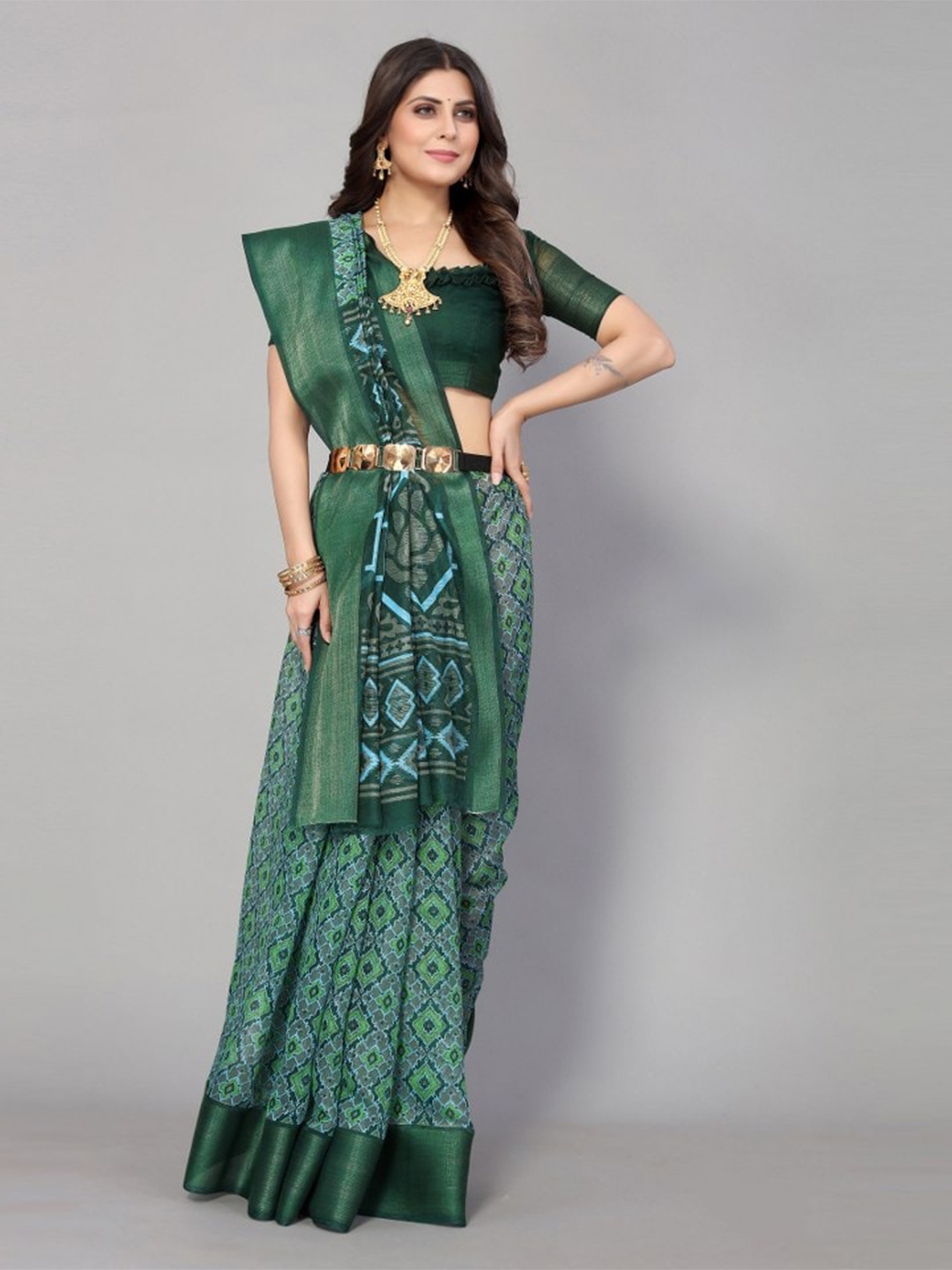 

KALINI Green & Blue Zari Linen Blend Saree