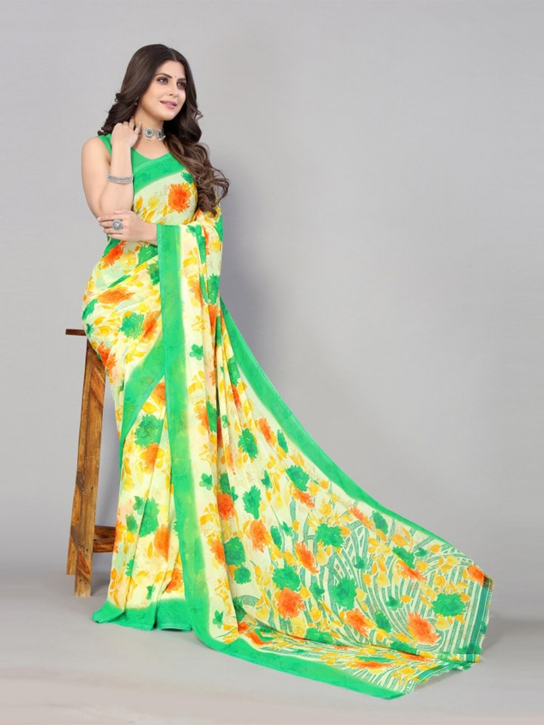 

KALINI Green & Yellow Floral Saree