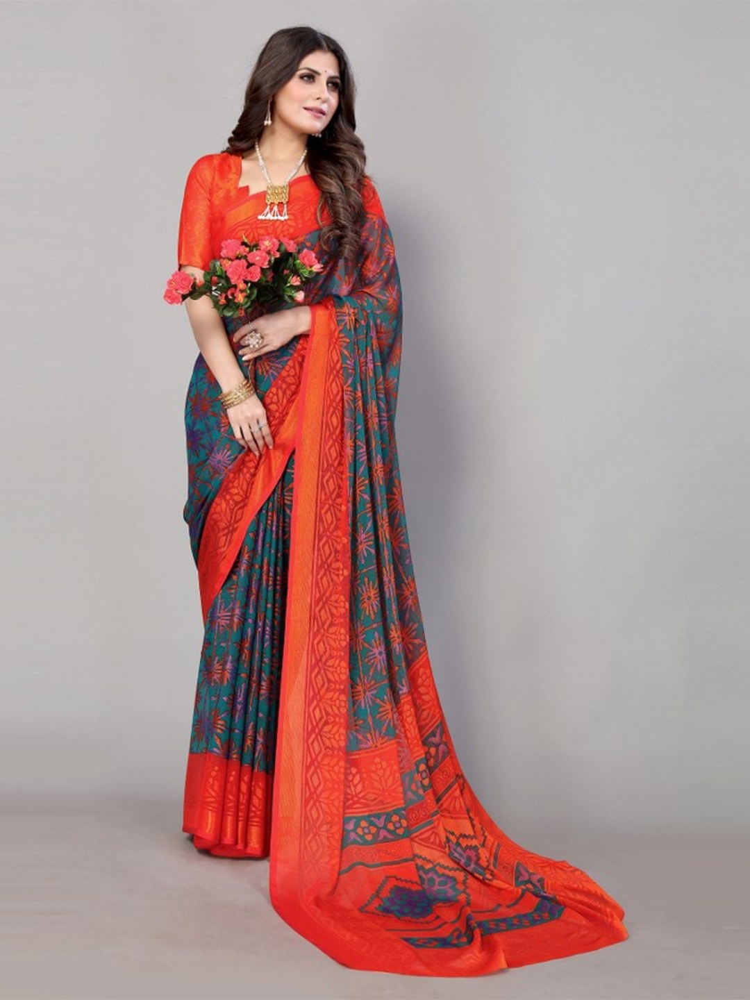 

KALINI Teal & Red Floral Saree
