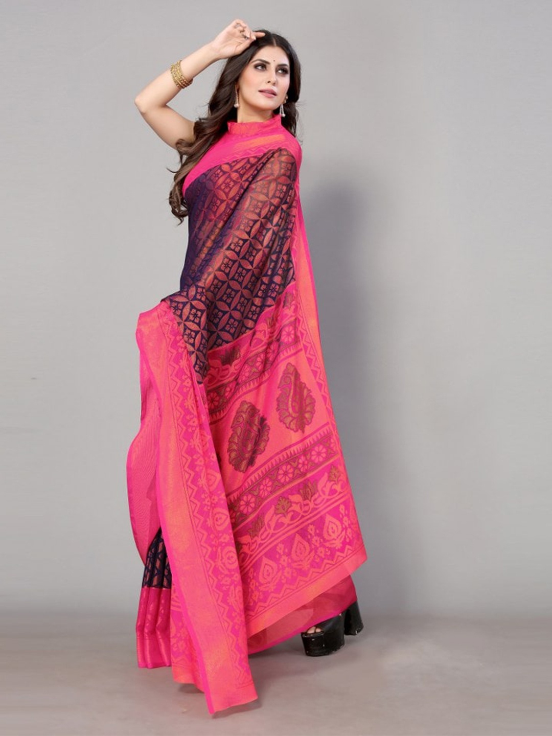 

KALINI Navy Blue & Pink Floral Saree