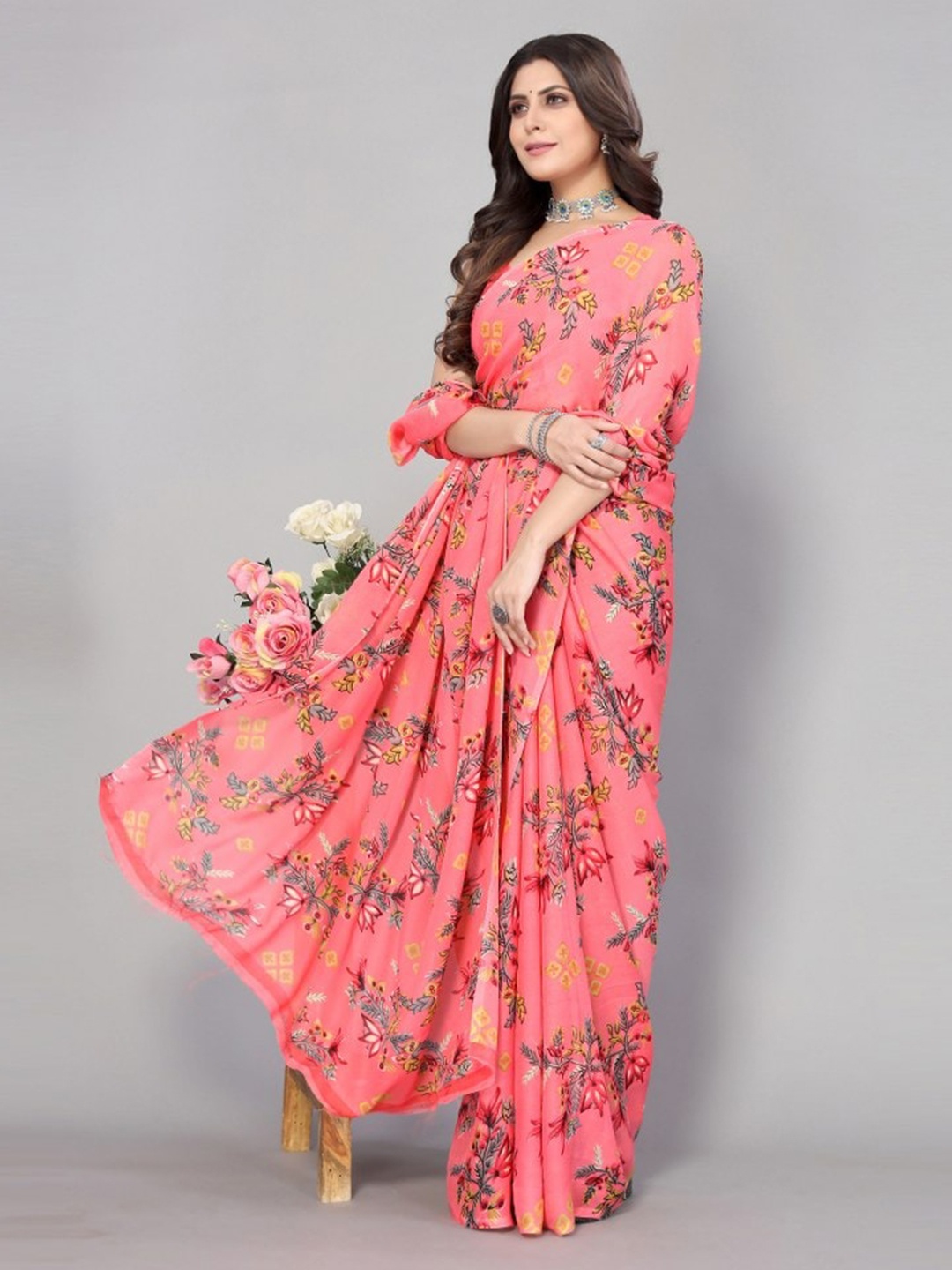 

KALINI Peach-Coloured & Blue Floral Saree