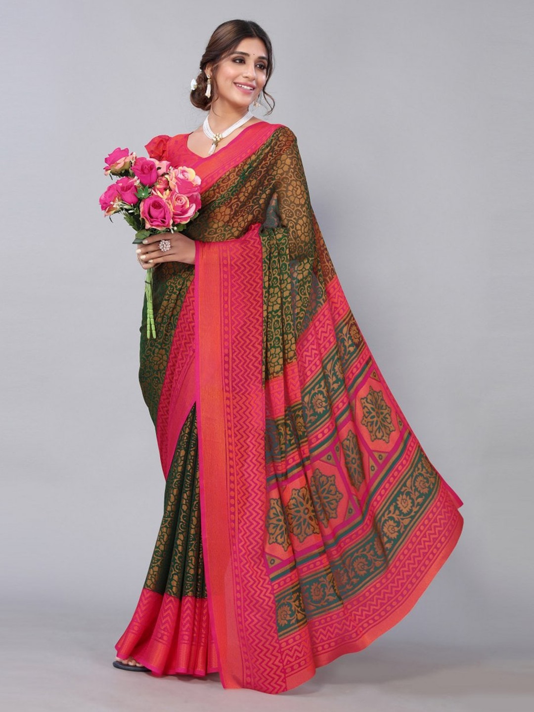 

KALINI Green & Pink Floral Zari Saree