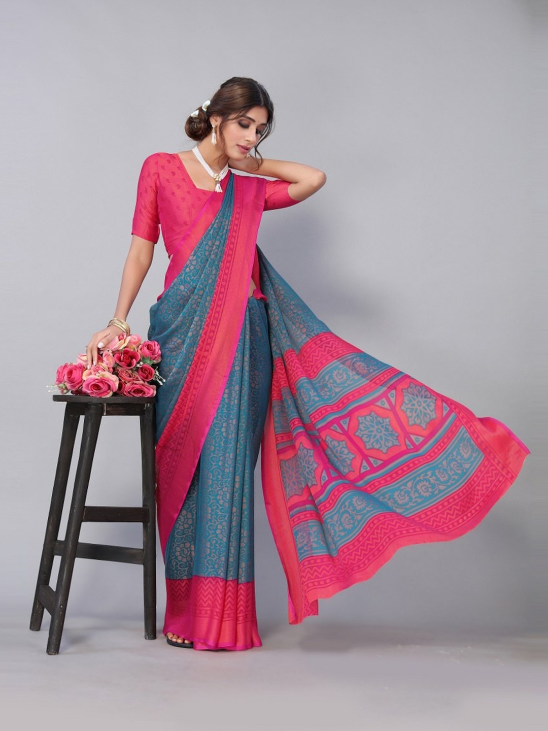 

KALINI Blue & Pink Floral Saree