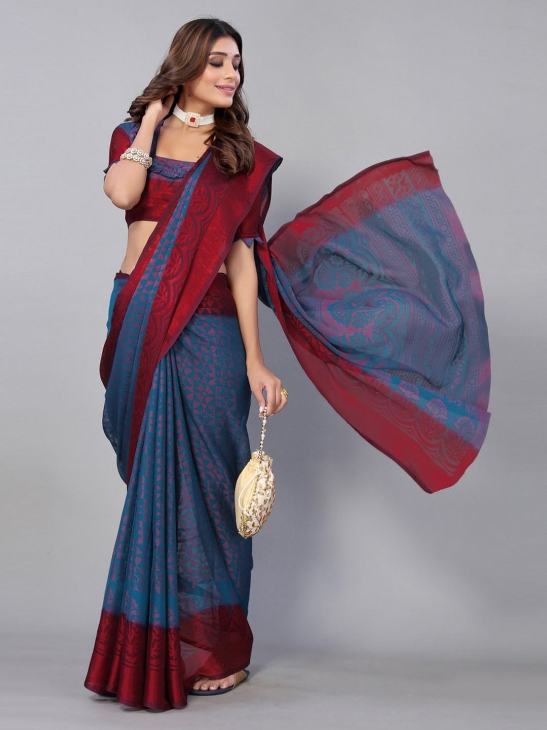 

KALINI Teal & Maroon Floral Saree