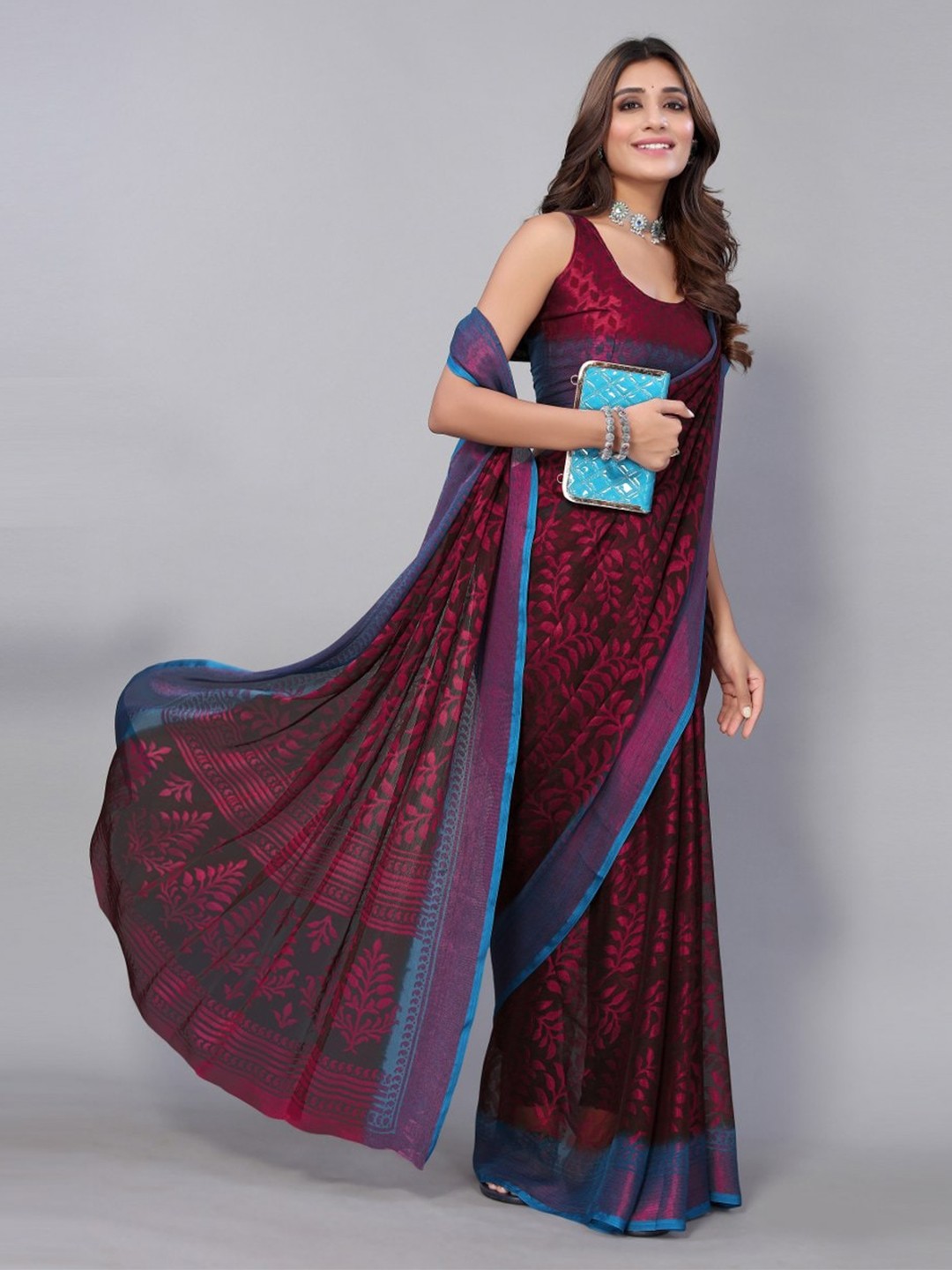 

KALINI Maroon & Blue Floral Zari Linen Blend Saree