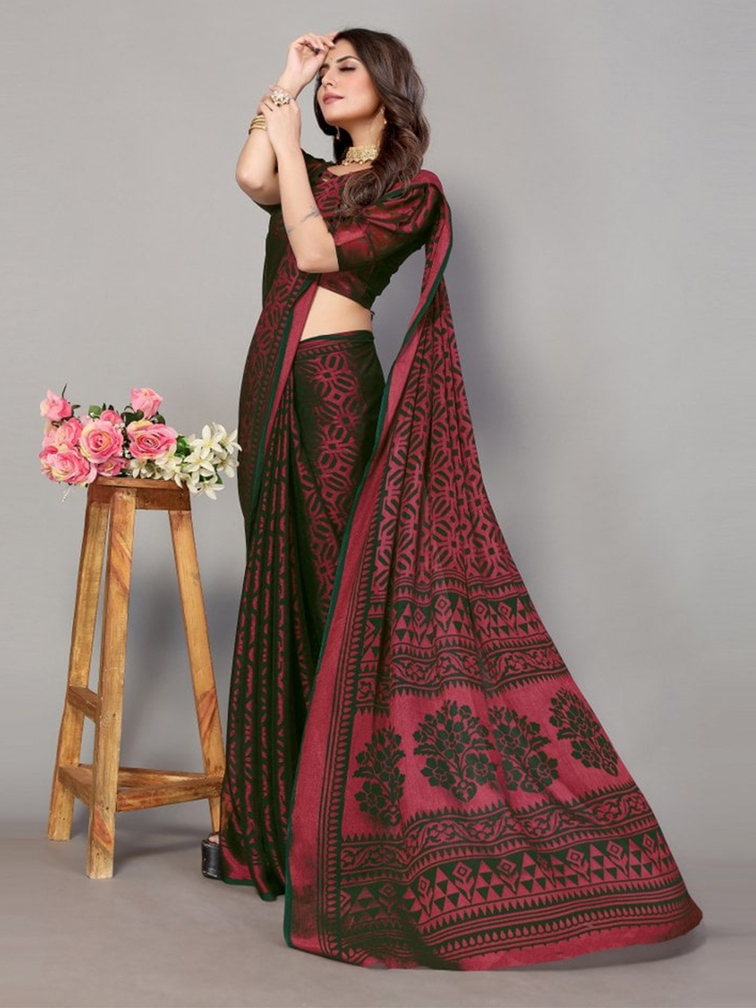 

KALINI Maroon & Green Floral Saree