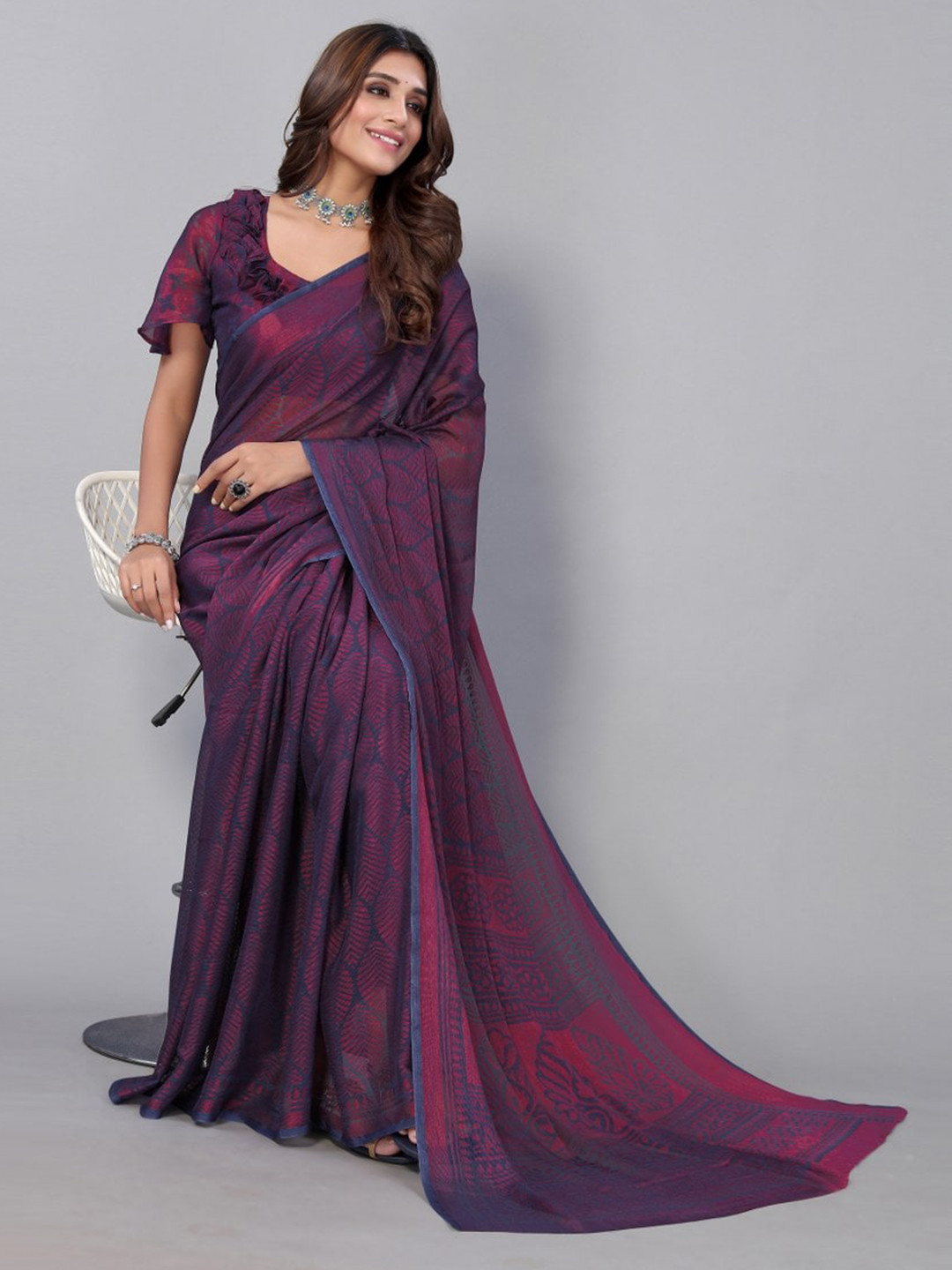 

KALINI Purple & Blue Floral Zari Saree
