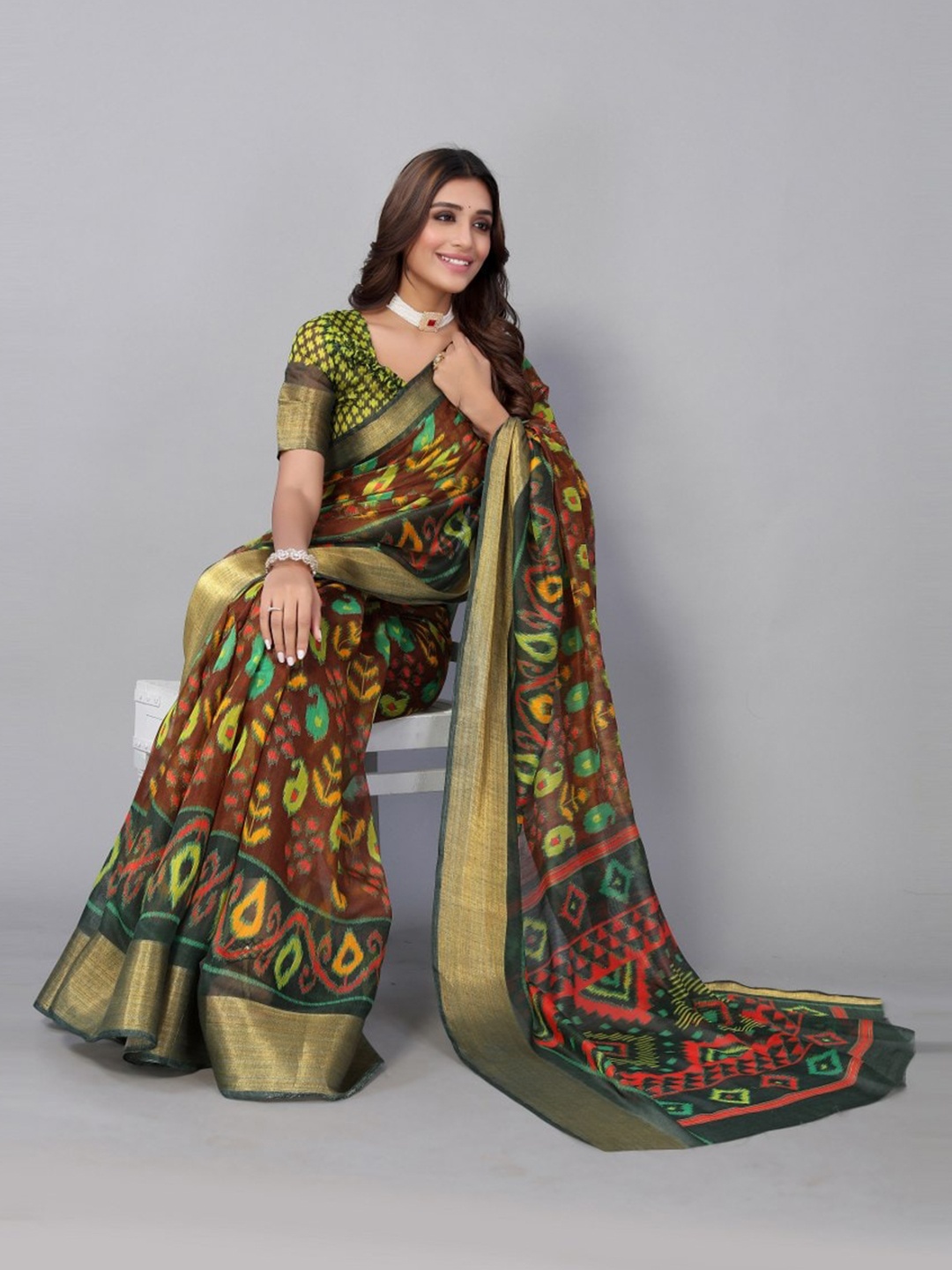 

KALINI Green & Brown Paisley Zari Linen Blend Saree