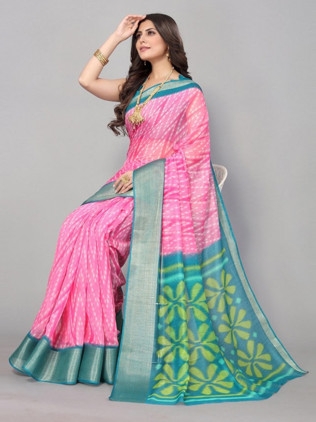 

KALINI Pink & Blue Zari Linen Blend Saree