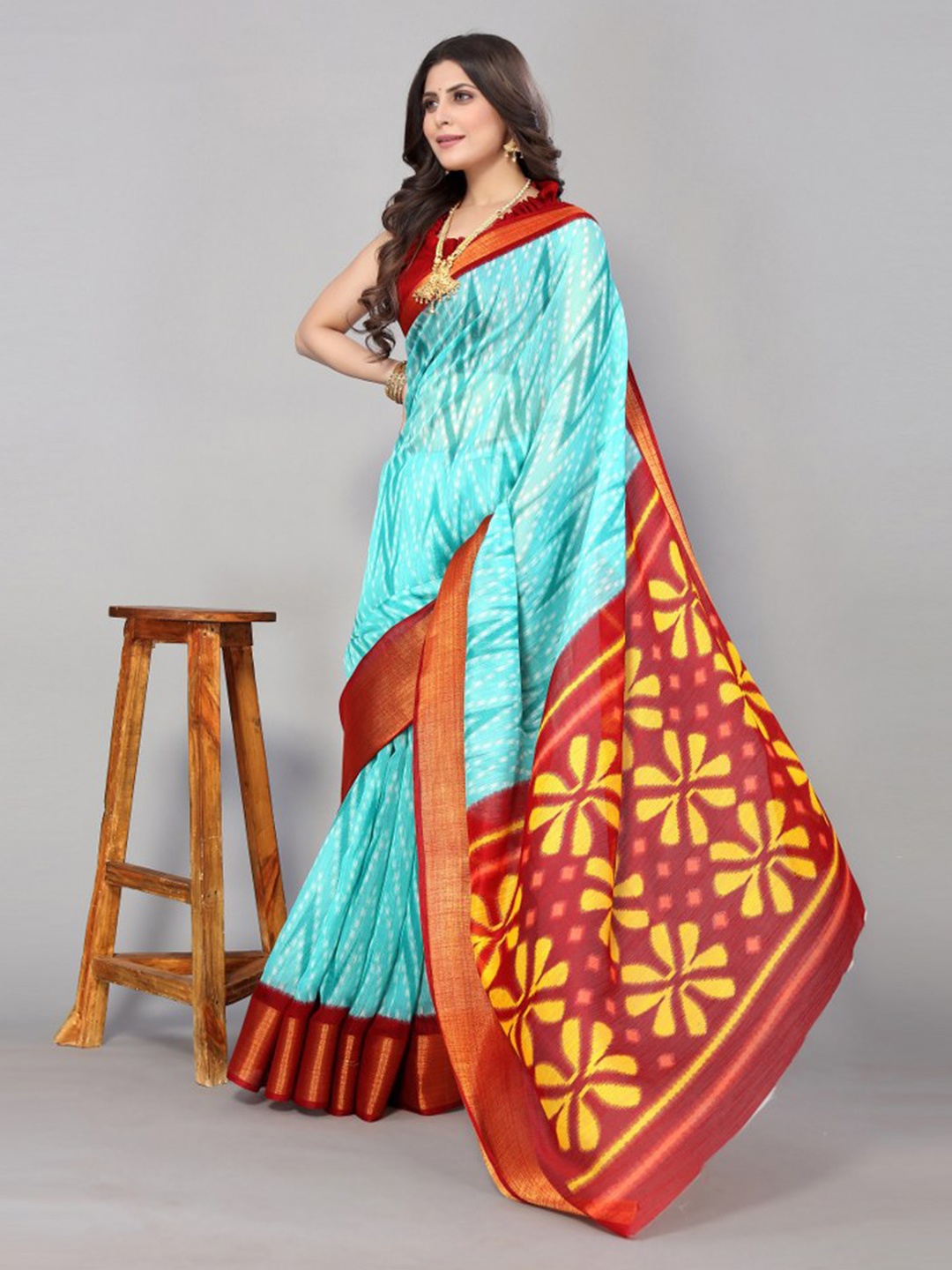 

KALINI Blue & Maroon Zari Linen Blend Saree