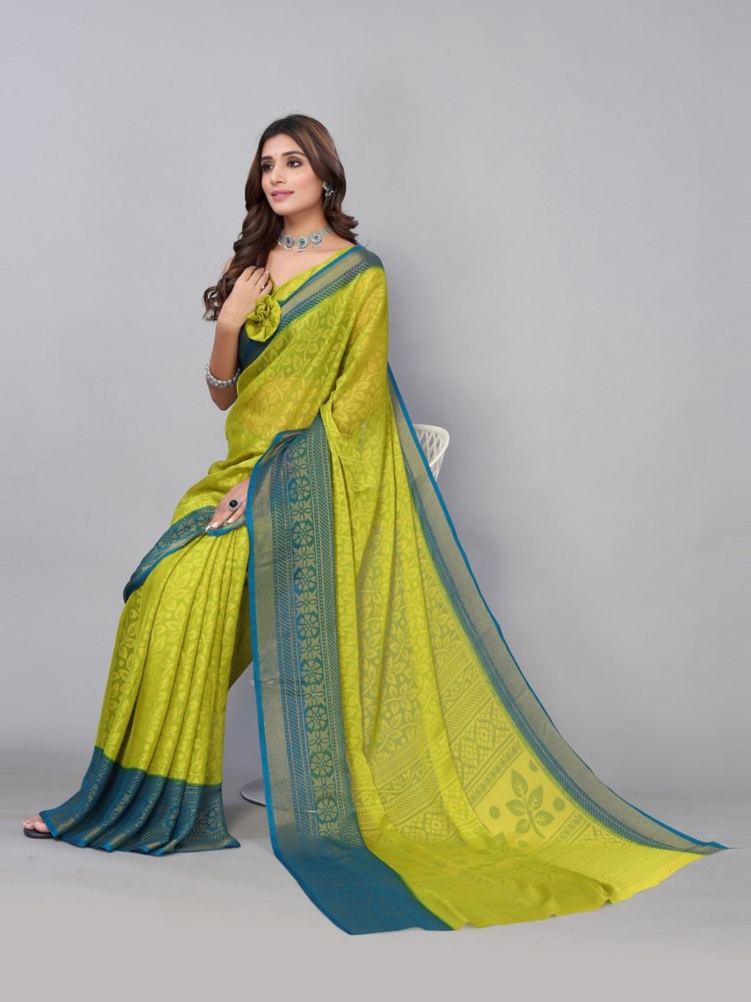 

KALINI Green & Teal Ethnic Motifs Zari Saree