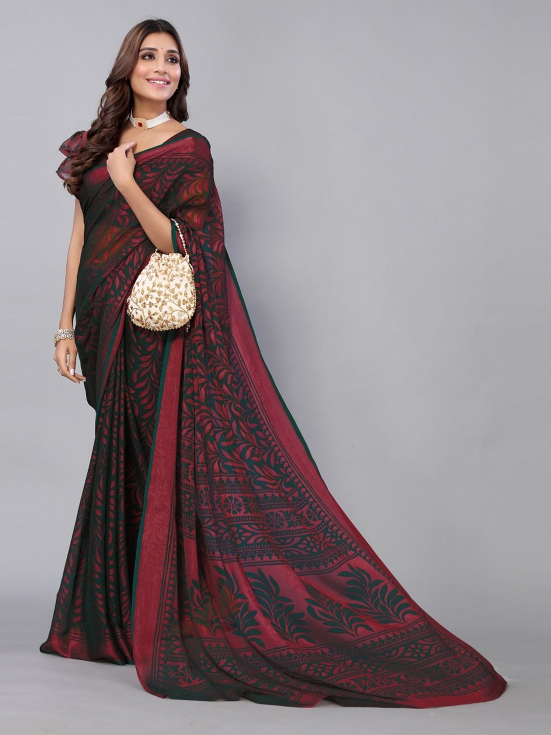 

KALINI Green & Maroon Floral Printed Saree