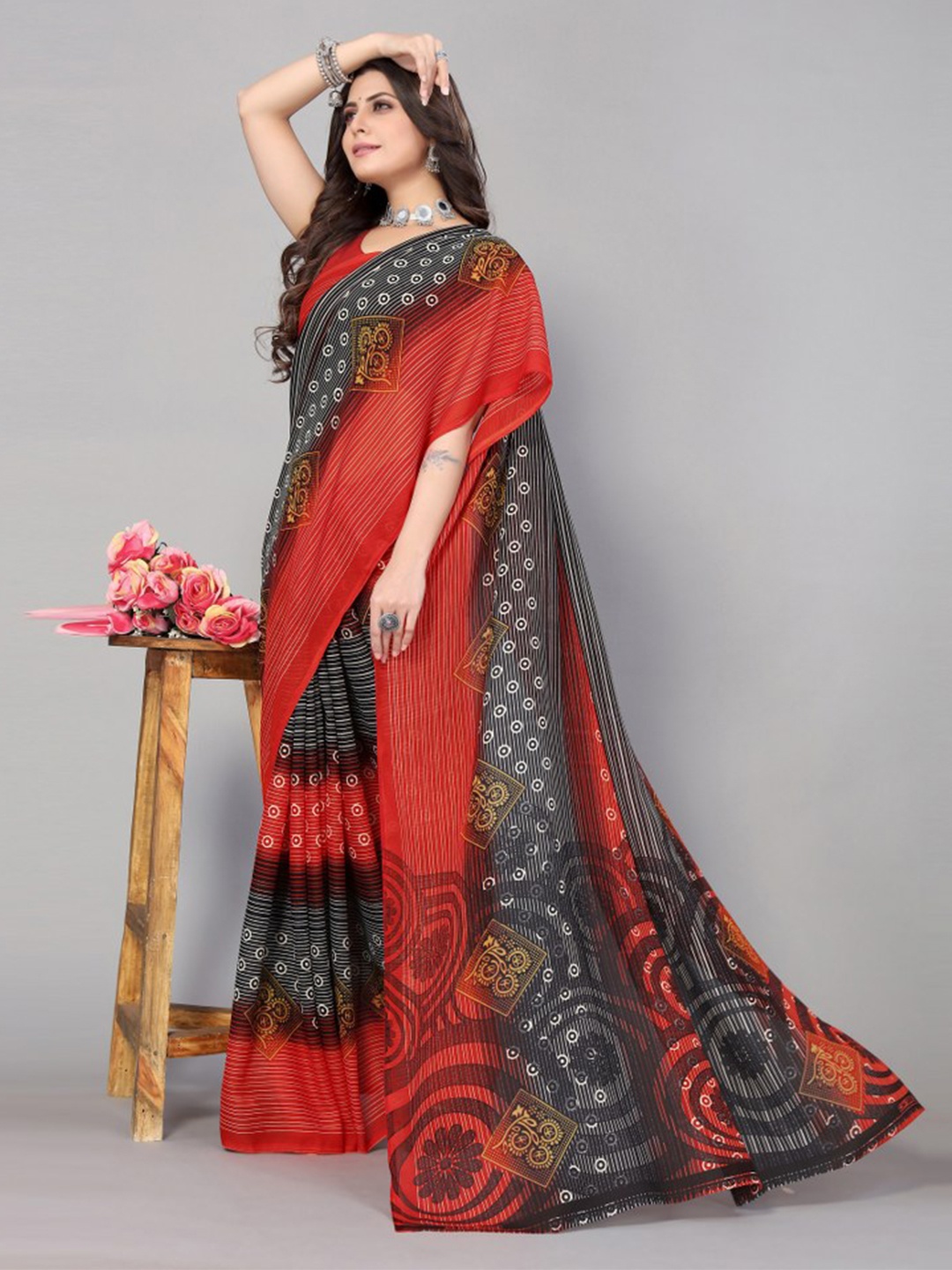 

KALINI Red & Grey Geometric Printed Saree